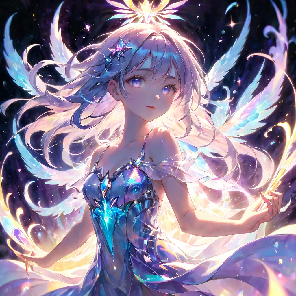 a picture taken from a digital painting of a girl in a dress, beautiful anime artwork, wearing a dress made of stars, star on dress, beautiful anime art, makoto shinkai cyril rolando, magical dress, anime fantasy illustration, anime fantasy artwork, ethereal anime, anime girl with cosmic hair, dreamlike art, cosmic skies. by makoto shinkai, anime art wallpaper 4 k