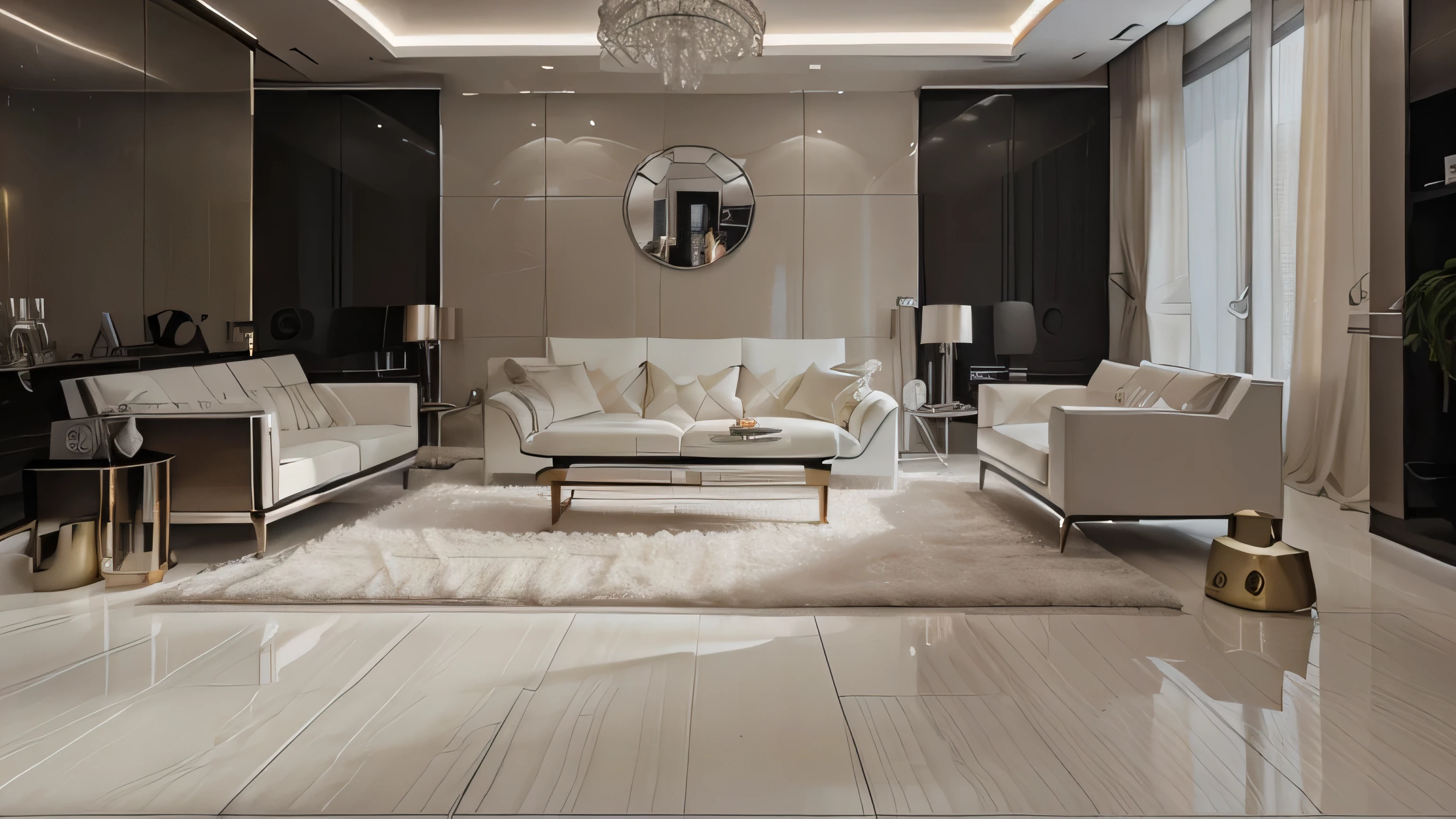 Create a modern and luxurious living room image, Utilisez du carrelage blanc, Le bureau n'utilise pas de tapis, La couleur principale est le blanc