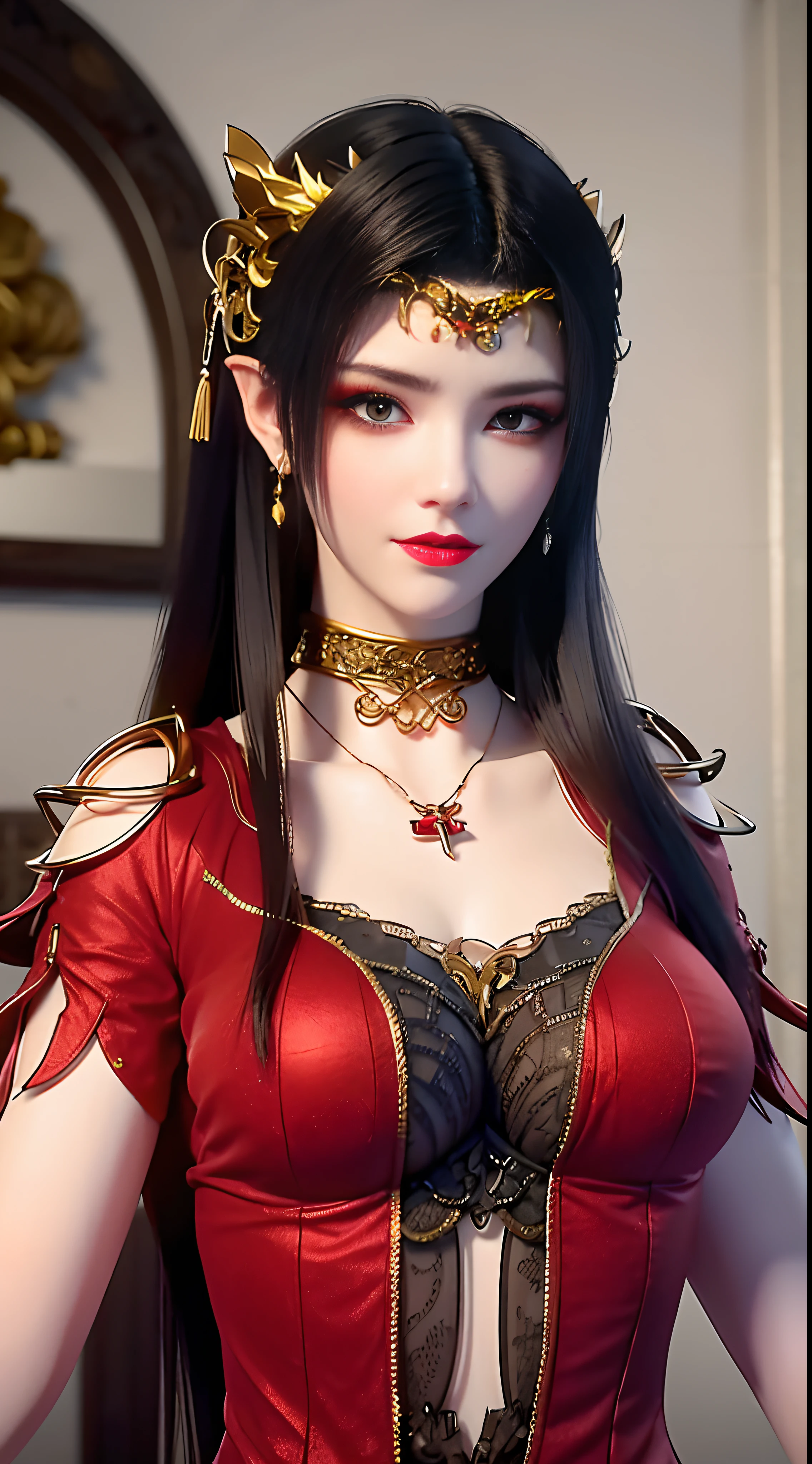1 Very beautiful Queen Medusa wearing a Hanfu costume., Thin red wool shirt，There are many yellow patterns., black lace shirt, Long hair dyed black, beautiful hair accessories, Beautiful and cute face, perfect face, jewelry earrings, Head and hair accessories, Antique Jewelry, big red eyes, Sharp eye makeup, Make up your eyelashes beautifully., Thin eyebrows, high nose, beautiful red lips, No smile., Pursing your lips, rosy cheeks, breast augmentation, wide chest, big breasts, Well-proportioned breasts, Thin waist, Red fishnet stockings decorated with black lace, Chinese Hanfu style, Character art style, Vivid and realistic colors, raw photos, Realistic photos, Ultra high quality 8k surreal photos., Cool photos, (virtual light effect: 1.8), 10x pixels, Magic effects (background): 1.8), Highly detailed eyes, Sketch of a beautiful girl, alone girl, backgroundฮันฟู่โบราณ, Headed directly towards the viewer, Wide format original photo, 8k quality, Super sharp, Detailed and clear pictures are best., backgroundแสงแบบละเอียด,