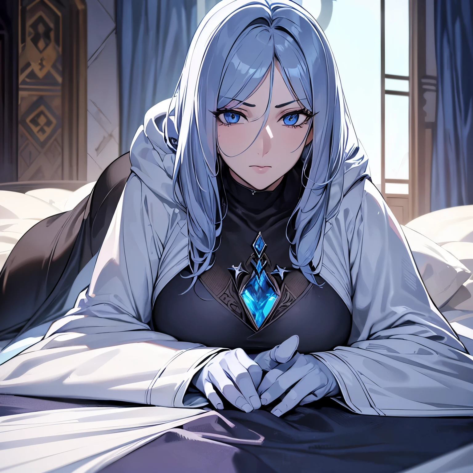 (POV: Her lying next to you in bed, slightly tired) Milf, Serious, Female Archmage, Crystal Archmage, Crystal Magic User, [detailed, close up, detailed face, detailed background], High ranking female mage, wearing white cloak, dark fantasy, OC, mature, dark and realistic, human, light blue eyes