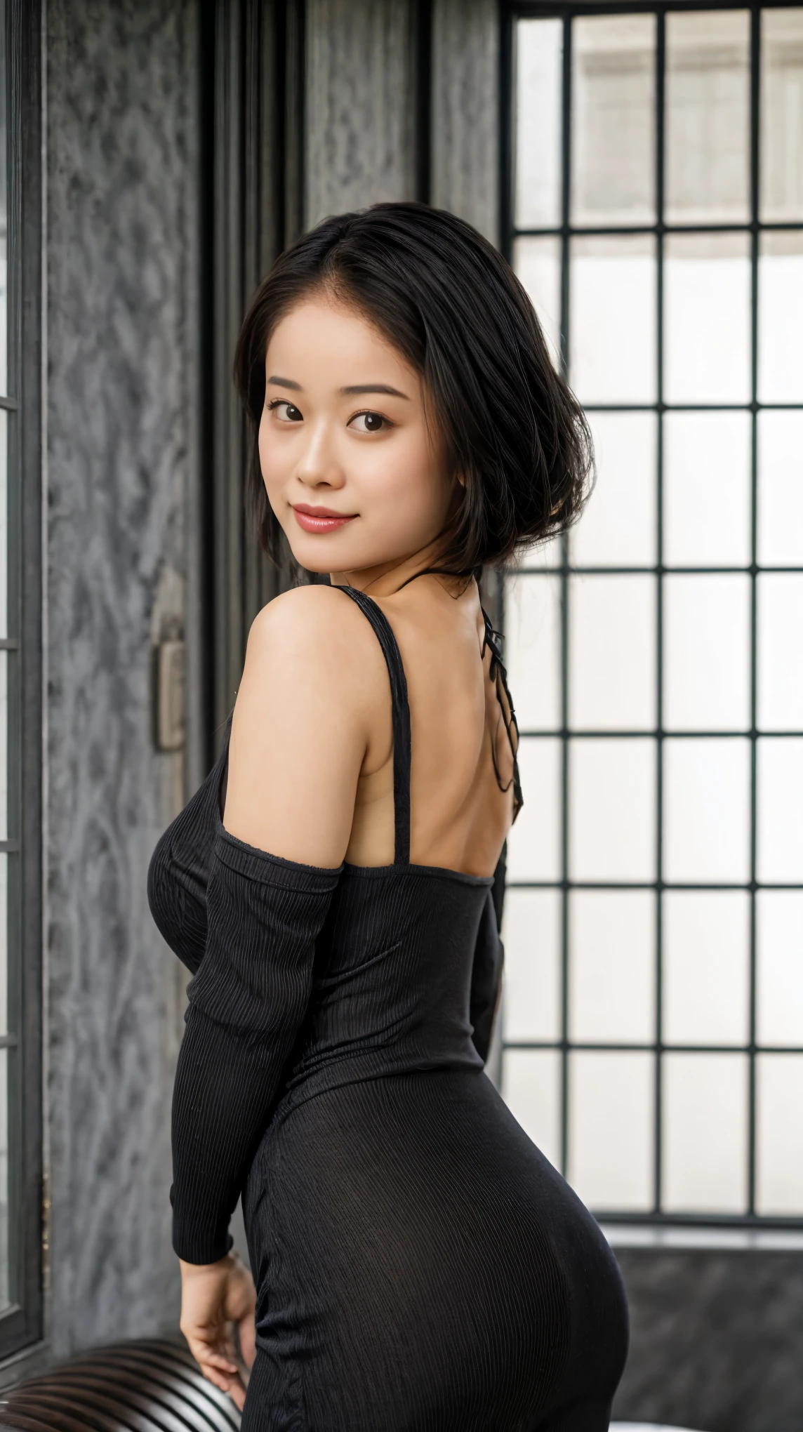 Generate hyper realistic image of a dark-skinned woman, her hourglass silhouette emphasized by the soft draping of an off-shoulder sweater. With her long black hair cascading down her back, she gazes directly at the viewer with a captivating smile, her lips parting slightly in a subtle expression of warmth. The sleeves of her sweater extend past her wrists, adding an elegant touch to her appearance and accentuating her graceful demeanor.,Maria Zhang_SUKI,realistic