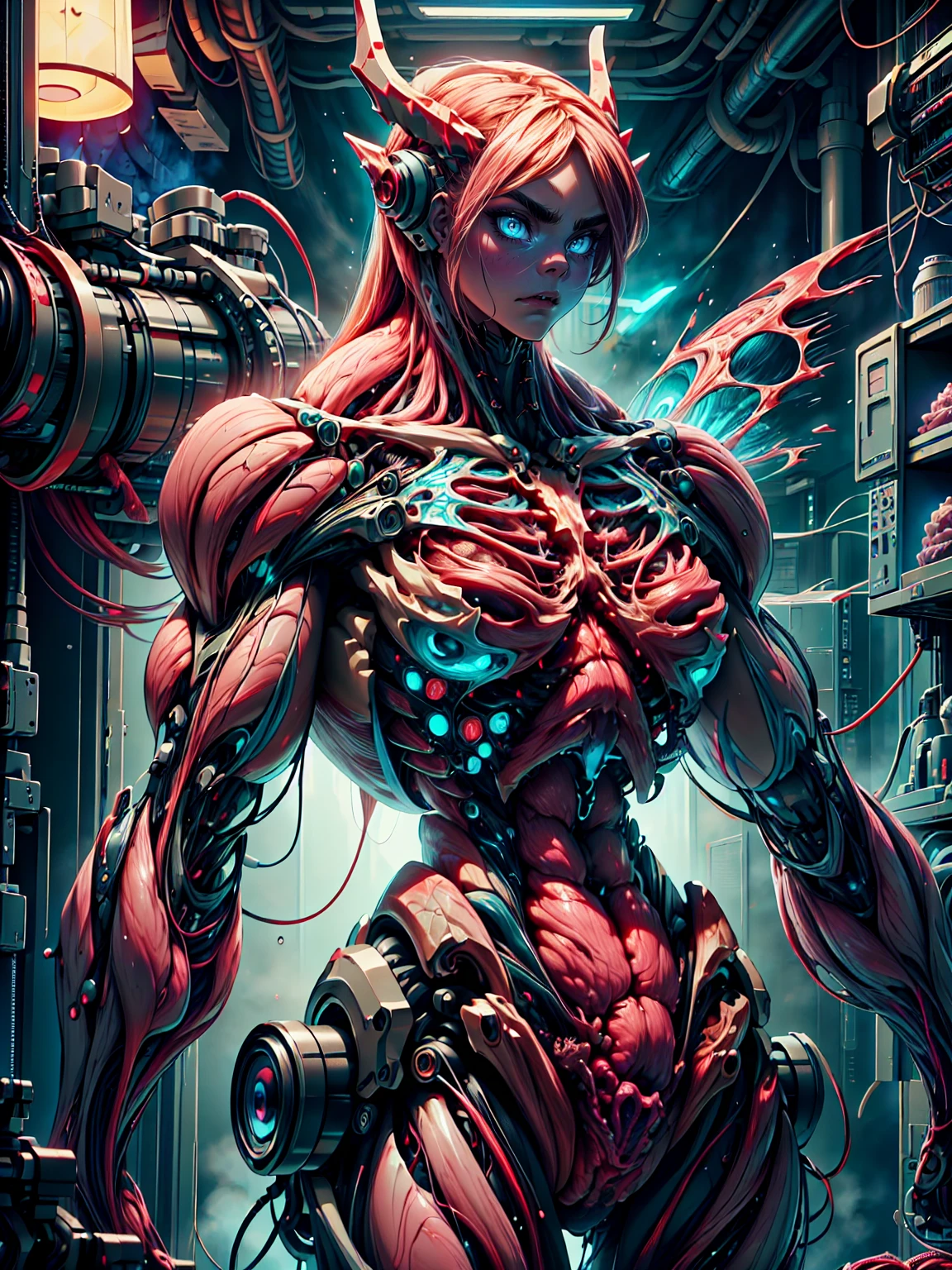 Cinematic, clear facial features and insanely detailed, the image captures the essence of cara delevingne as a muscular red skinless bio-mecha succubus with gigantic demon horns, carnage skinless muscular physique & carnage bio-mecha suit. The color grading is beautifully done, enhancing the overall cinematic feel. Unreal Engine makes her appearance even more mesmerizing. With depth of field (DOF), every detail is focused and accentuated, drawing attention to her eyes and hair. Peak image resolution utilizing super-resolution technology ensures pixel perfection. Cinematic lighting enhances her aura, while anti-aliasing techniques like FXAA and TXAA keep the edges smooth and clean. Adding realism to the muscular bio-mecha succubus , RTX technology enables ray tracing. Additionally, SSAO (Screen Space Ambient Occlusion) gives depth and realism to the scene, the girl's presence even more convincing. In the post-processing and post-production stages, tone mapping enhances the colors, creating a captivating visual experience. The integration of CGI (Computer-Generated Imagery) and VFX (Visual Effects brings out her demonic features seamlessly . Icredible level of detail, with intricate elements meticulously crafted, the artwork hyper maximalist and hyper-realistic. Volumetric effects add depth and dimension, with unparalleled photorealism. 8k resolution rendering ensures super detailed visuals. The volumetric lighting adds a touch of magic, highlighting her beauty and aura in an otherworldly way. High Dynamic Range (HDR) tech makes the colors pop, adding richness to the overall composition. Ultimately, this artwork presents an unreal, yet stunningly real portrayal of an incredibly beautiful bio-mecha succubus girl. The sharp focus ensures that every feature is crisply defined, creating a captivating presence.