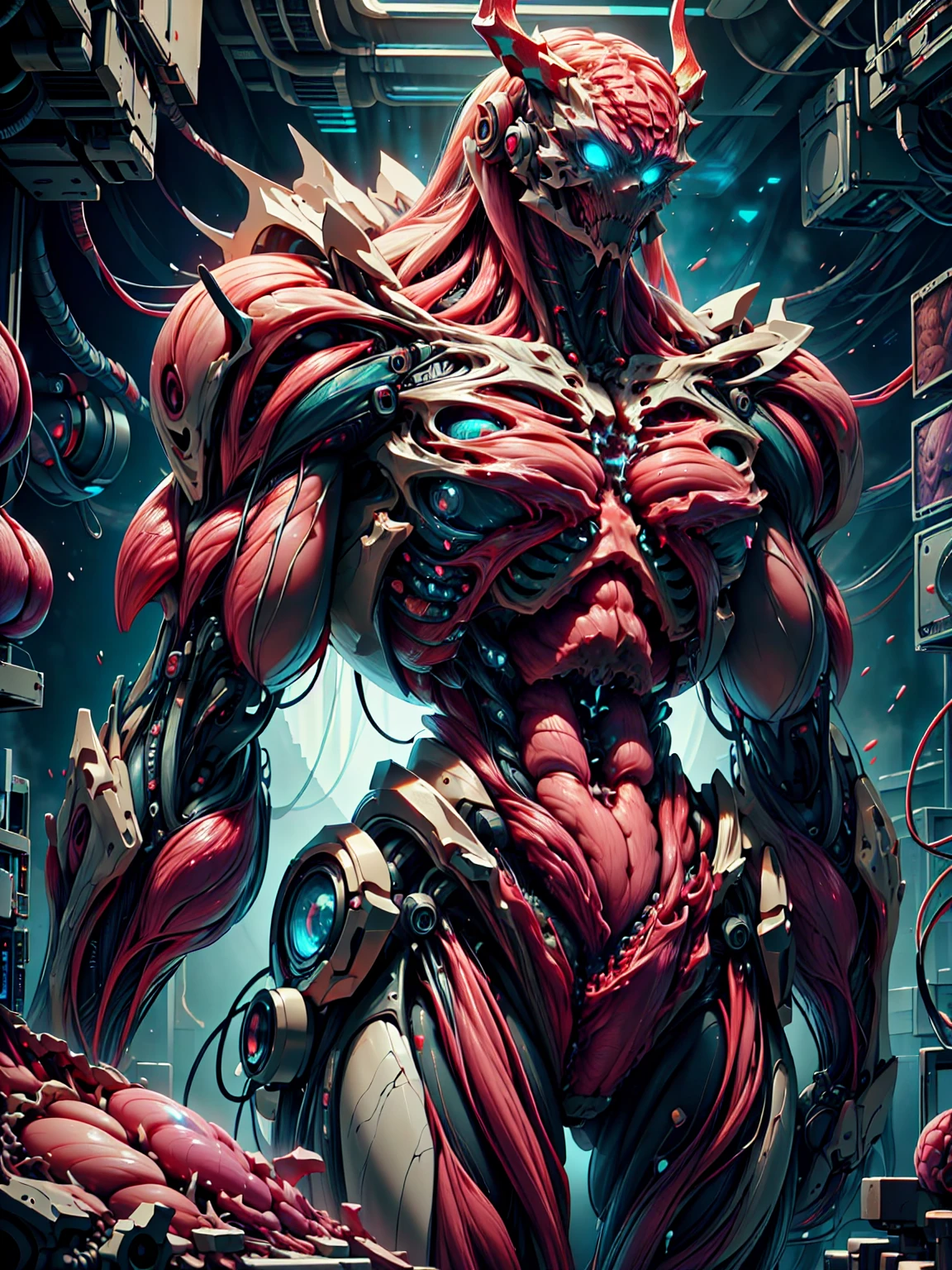 Cinematic, clear facial features and insanely detailed, the image captures the essence of cara delevingne as a muscular red skinless bio-mecha succubus with gigantic demon horns, carnage skinless muscular physique & carnage bio-mecha suit. The color grading is beautifully done, enhancing the overall cinematic feel. Unreal Engine makes her appearance even more mesmerizing. With depth of field (DOF), every detail is focused and accentuated, drawing attention to her eyes and hair. Peak image resolution utilizing super-resolution technology ensures pixel perfection. Cinematic lighting enhances her aura, while anti-aliasing techniques like FXAA and TXAA keep the edges smooth and clean. Adding realism to the muscular bio-mecha succubus , RTX technology enables ray tracing. Additionally, SSAO (Screen Space Ambient Occlusion) gives depth and realism to the scene, the girl's presence even more convincing. In the post-processing and post-production stages, tone mapping enhances the colors, creating a captivating visual experience. The integration of CGI (Computer-Generated Imagery) and VFX (Visual Effects brings out her demonic features seamlessly . Icredible level of detail, with intricate elements meticulously crafted, the artwork hyper maximalist and hyper-realistic. Volumetric effects add depth and dimension, with unparalleled photorealism. 8k resolution rendering ensures super detailed visuals. The volumetric lighting adds a touch of magic, highlighting her beauty and aura in an otherworldly way. High Dynamic Range (HDR) tech makes the colors pop, adding richness to the overall composition. Ultimately, this artwork presents an unreal, yet stunningly real portrayal of an incredibly beautiful bio-mecha succubus girl. The sharp focus ensures that every feature is crisply defined, creating a captivating presence.