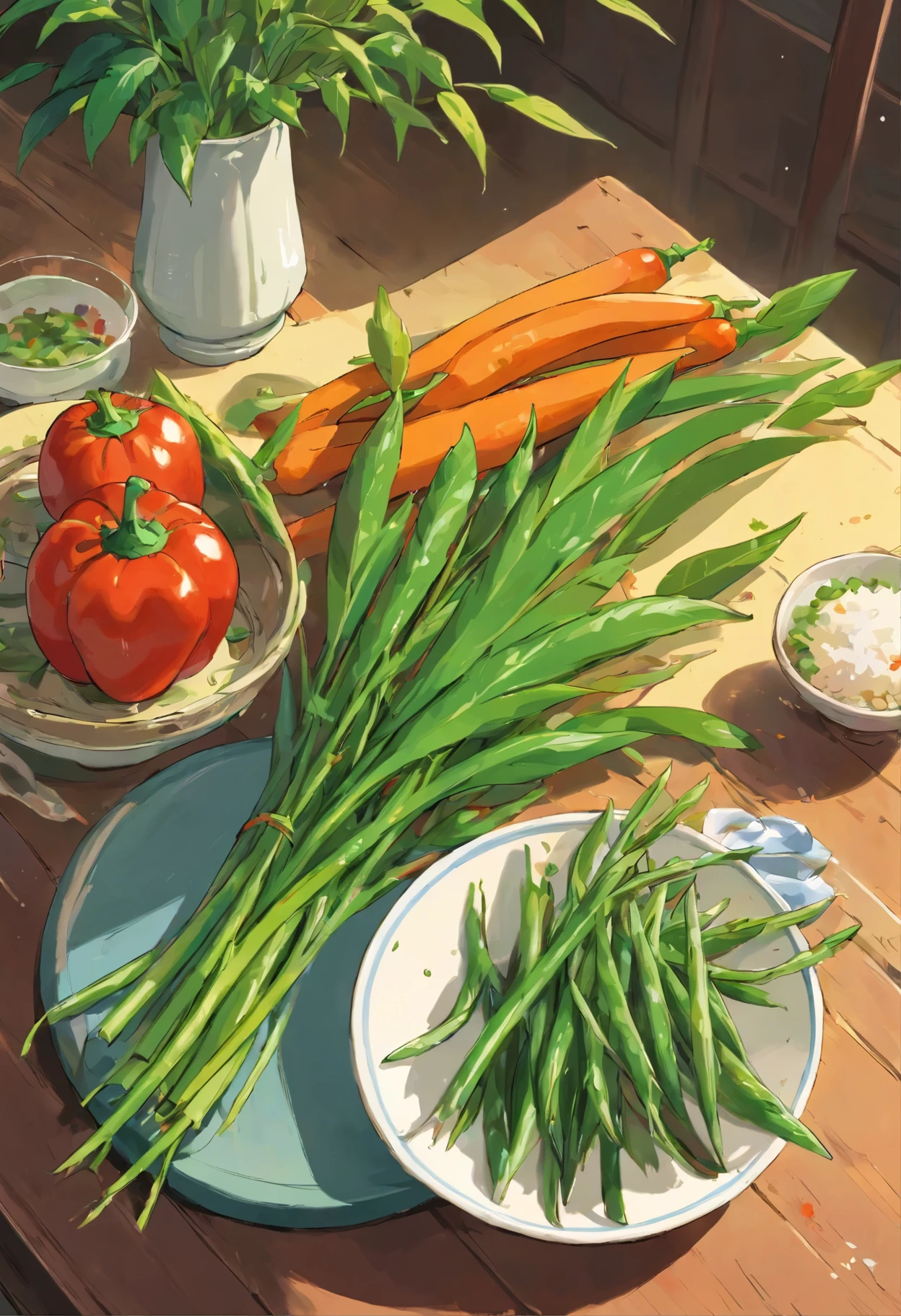beautifully arranged peper on a table,delicate stems with tender tips,crisp and fresh,artistic presentation,naturally vibrant colors,(best quality,4k,8k,highres,masterpiece:1.2),ultra-detailed,realistic:1.37,close-up details,textured green shoots,studio lighting,subtle shadows,aesthetic appeal,culinary inspiration,wholesome and healthy,