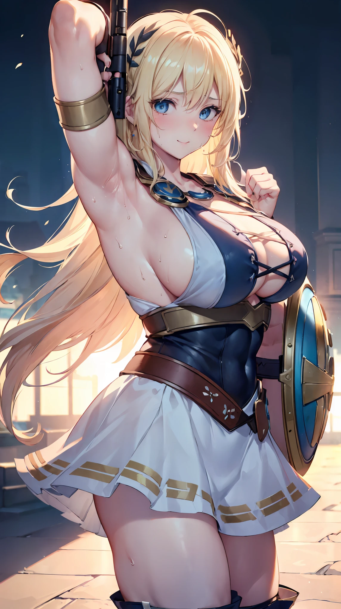 sensual, long blonde hair, thick thighs, 8K, 4k, highest quality, (High resolution:1.6), cute anime face, noise reduction, (shining blue eyes, gentle smile:1.3, kind eyes:1.3、flustered:1.5、Sweat)、toned abdominal muscles, muscular arms, muscular legs,  young face, anime eyes, Sophitia Alexandra、(holding a gun in the right hand:1.5)、(Equipped with a shield on the left arm:1.5)、(SFW huge body:1.9)、(beautiful nose:1.5)、long tights、Knee-high boots、garter belt、beautiful hands、beautiful fingers、High leg cut thong、flip up the skirt:1.5