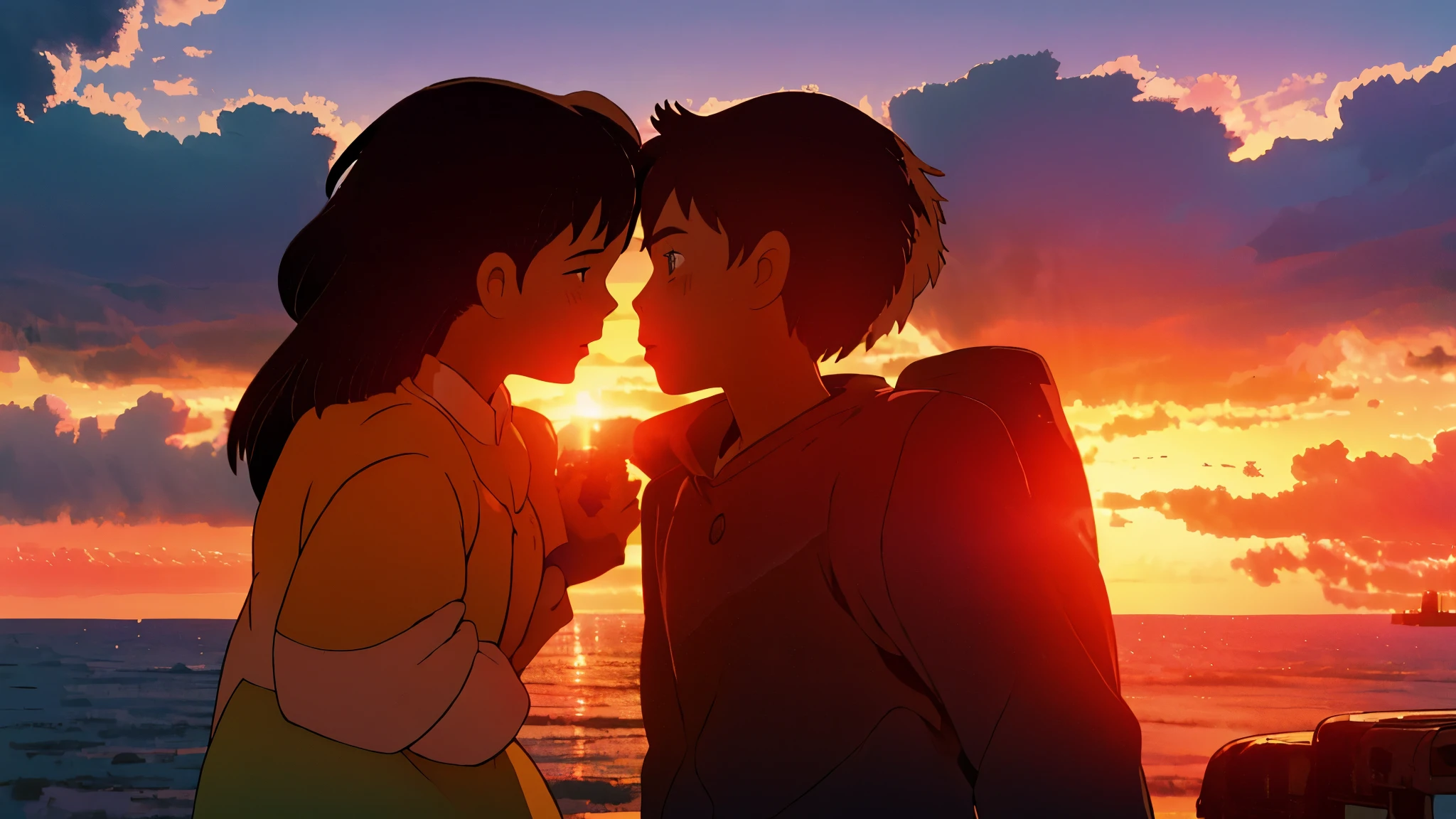 guy kisses girl on forehead against sunset background