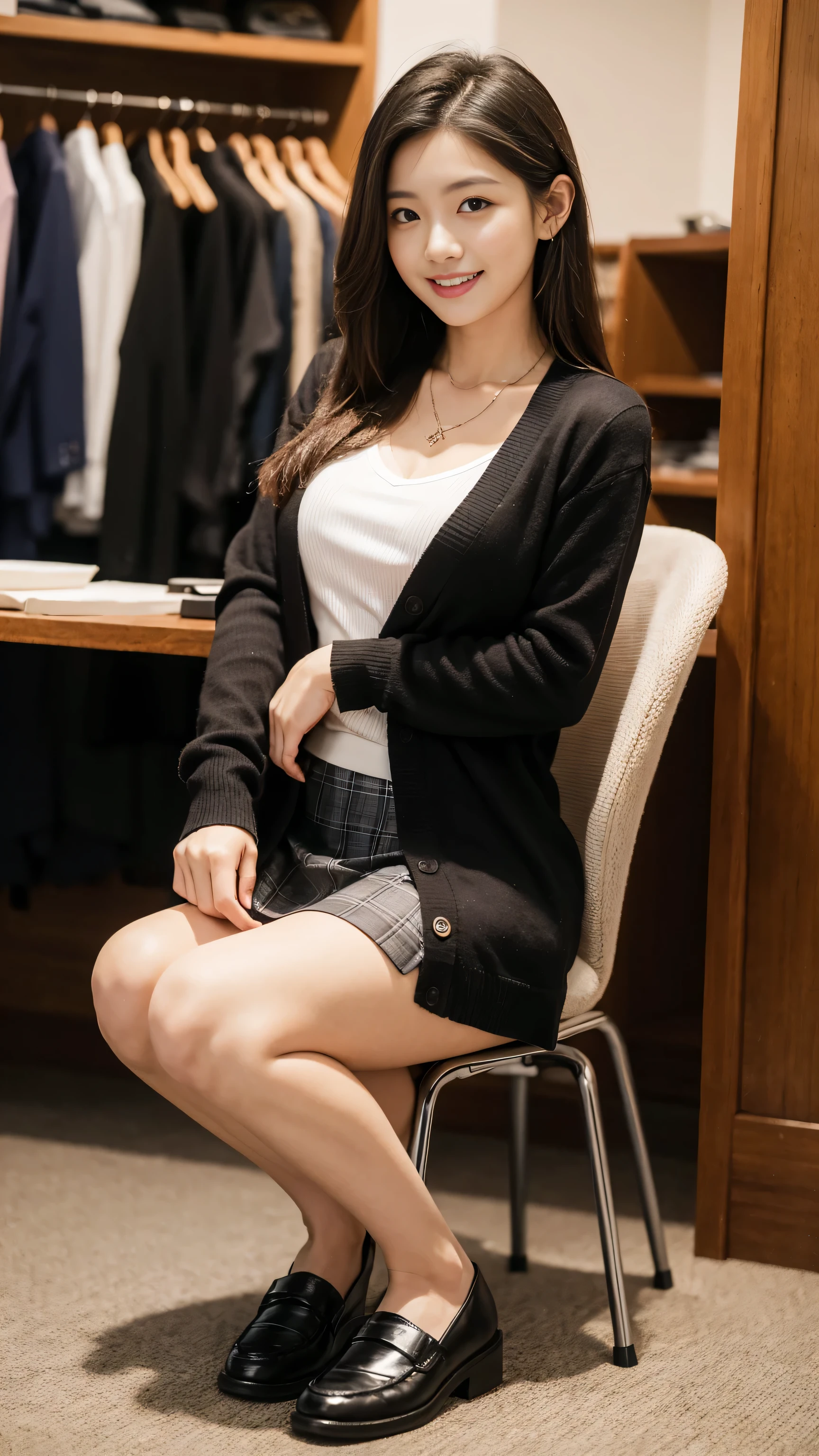 highest quality, shape, Ultra small details, small details, High resolution, 8k wallpaper, perfect dynamic composition, beautiful detailed eyes, natural lip, magic uniform, checked skirt, wearing a uniform, wearing a cardigan, girl in uniform, cute, medium breasts, medium back, uniform with cardigan, full length, 1 girl, loafers, smile, Jewellery Shop, necklace, thighs, panties,squat、open your legs、