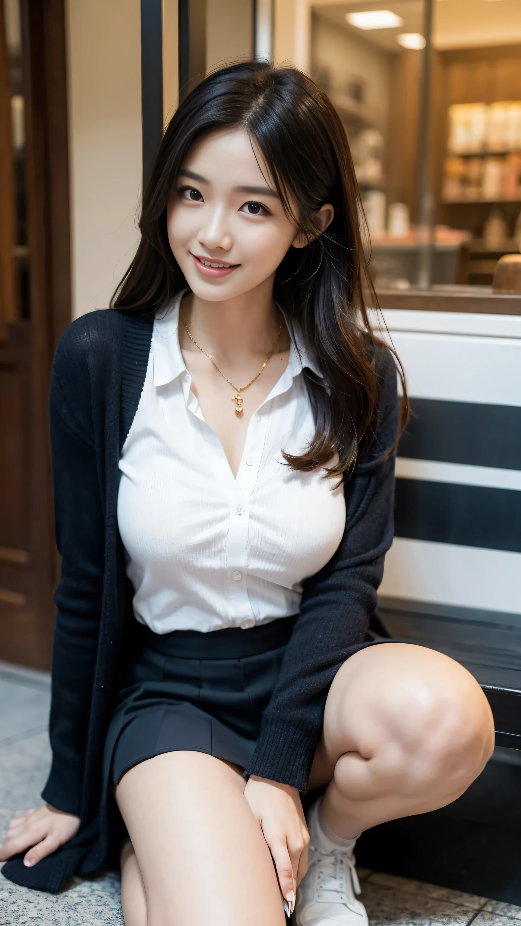 highest quality, shape, Ultra small details, small details, High resolution, 8k wallpaper, perfect dynamic composition, beautiful detailed eyes, natural lip, magic uniform, checked skirt, wearing a uniform, wearing a cardigan, girl in uniform, cute, medium breasts, medium back, uniform with cardigan, full length, 1 girl, loafers, smile, Jewellery Shop, necklace, thighs, panties,squat、open your legs、