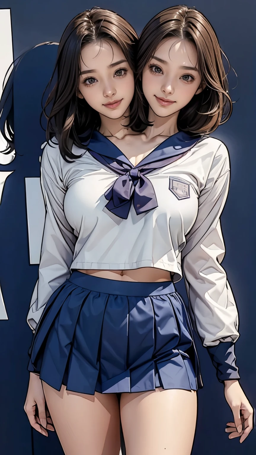 (2 girls, 18 years old, same height :1.2) , hugging, Rear view,  couple focus ,    japanese girl ,  (smile:0.7), stand next to each other ,  Upper body, beach volleyball,Please think back, (Never wear a skirt), sailor suit, long sleeve, navy blue bloomers, The fabric of the bloomers is thin, grinning smile, very short hair , (high color saturation:1.0),  (highly detailed skin), (highest quality:1.0), (ultra high resolution:1.0) ,(realistic:1.0), (Super detailed:1.0), (8K, RAW photo:1.1), conjoined_dicephalus, (two heads:1.2)