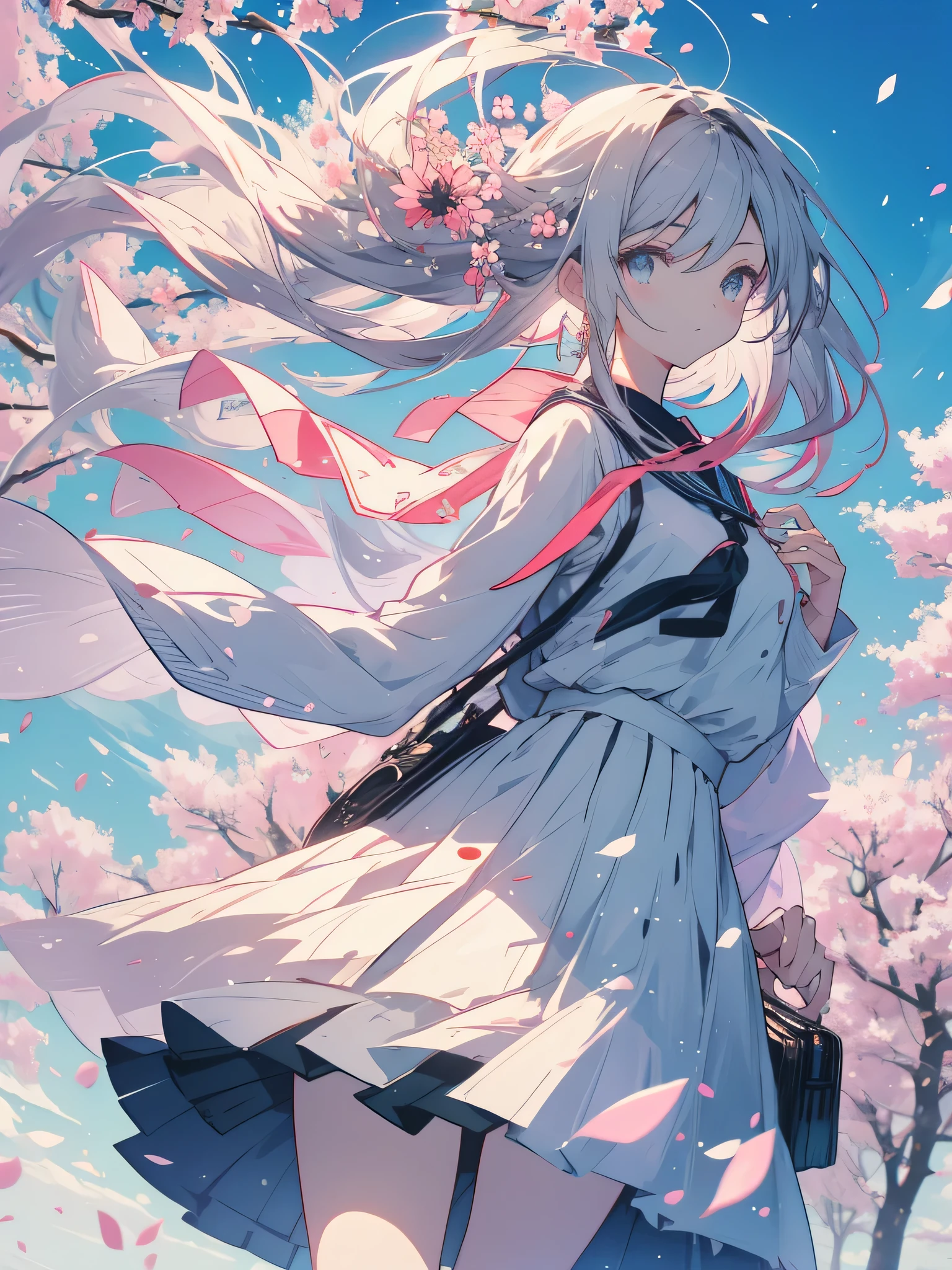 anime style, super detailed illustrations, very detailed, dynamic angle, beautiful, 8K, A warm and strong wind blows in early spring, BREAK High school girl&#39;s long hair and skirt fluttering in the wind. Holding a bag while looking at the cherry blossoms dancing in the wind.