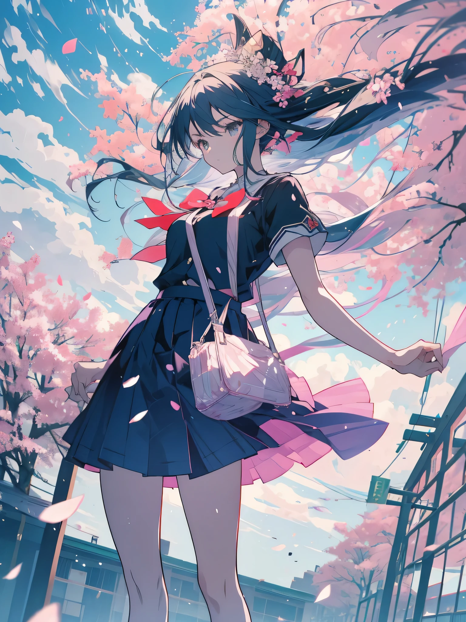 anime style, super detailed illustrations, very detailed, dynamic angle, beautiful, 8K, A warm and strong wind blows in early spring, BREAK High school girl&#39;s long hair and skirt fluttering in the wind. Holding a bag while looking at the cherry blossoms dancing in the wind.