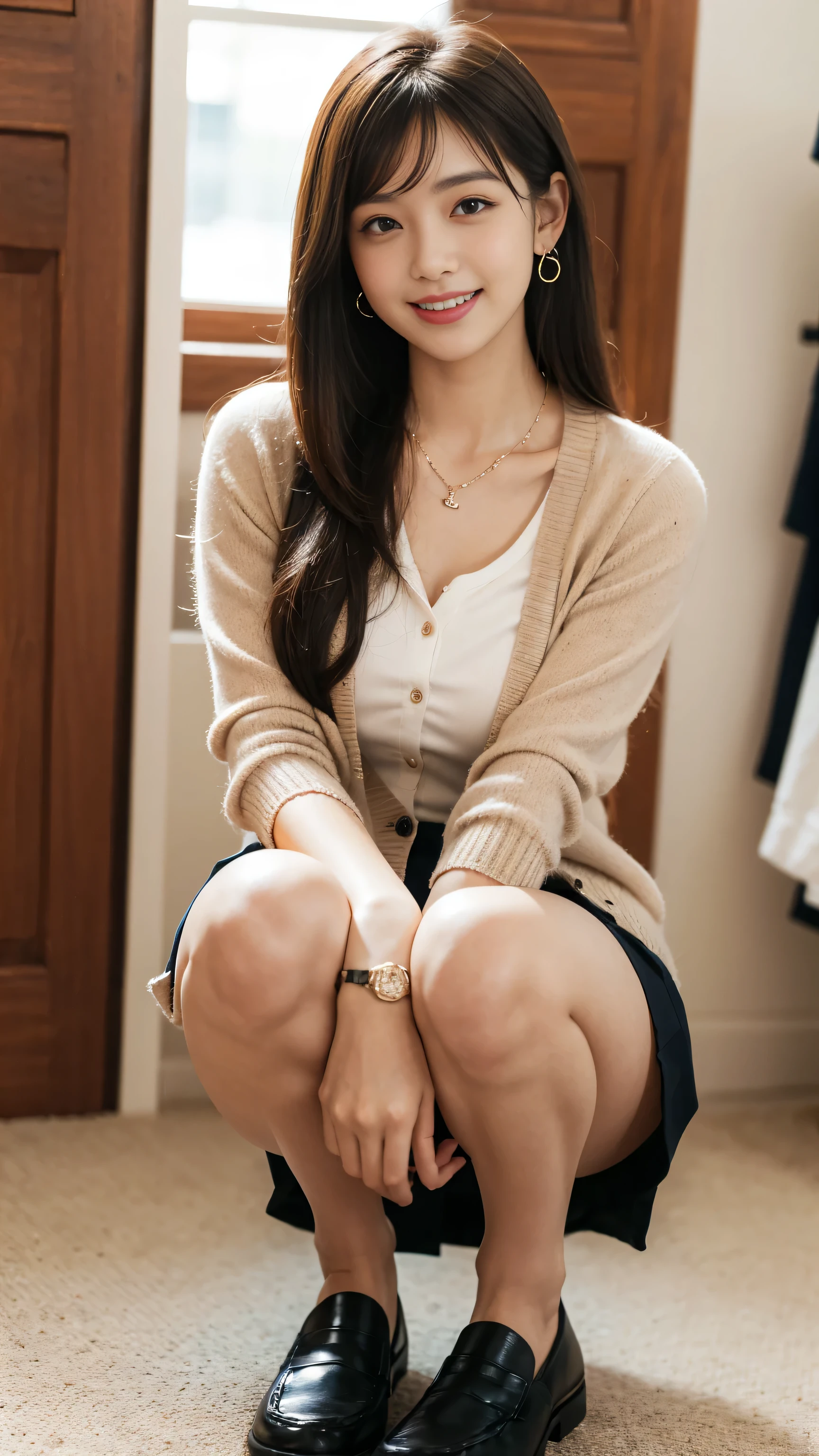 highest quality, shape, Ultra small details, small details, High resolution, 8k wallpaper, perfect dynamic composition, beautiful detailed eyes, natural lip, magic uniform, checked skirt, wearing a uniform, wearing a cardigan, girl in uniform, cute, medium breasts, medium back, uniform with cardigan, full length, 1 girl, loafers, smile, Jewellery Shop, necklace, thighs, panties,squat、open your legs、