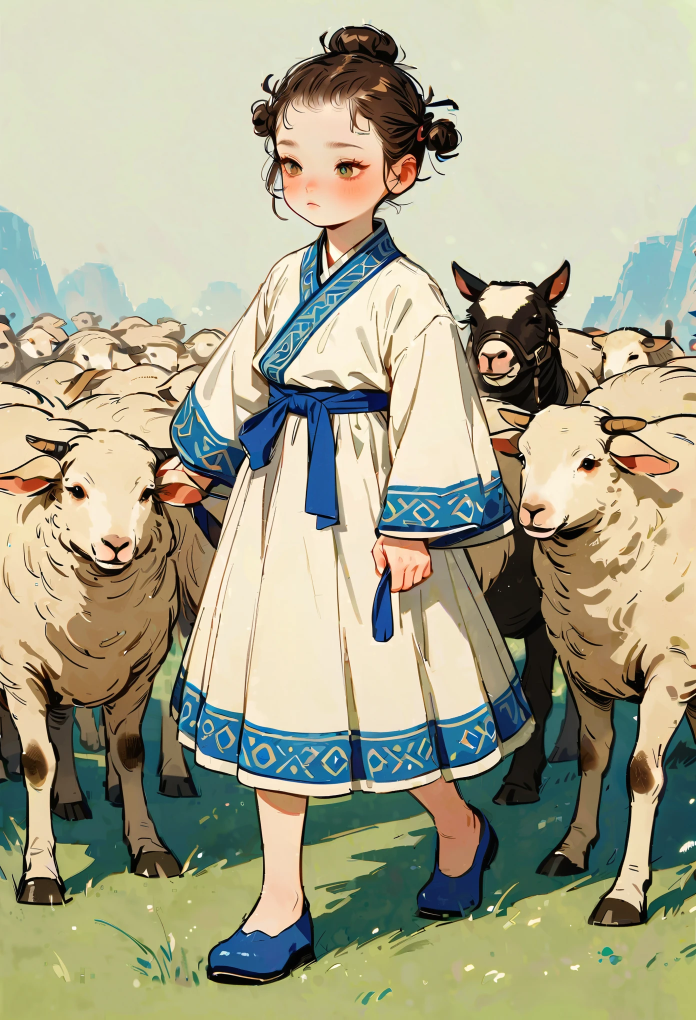 style4,1Shepherd boy,hair bun,long sleeves,ribbon,take the Whip,Herding sheep,blush,blue footwear,grass,single hair bun,Ancient costumes