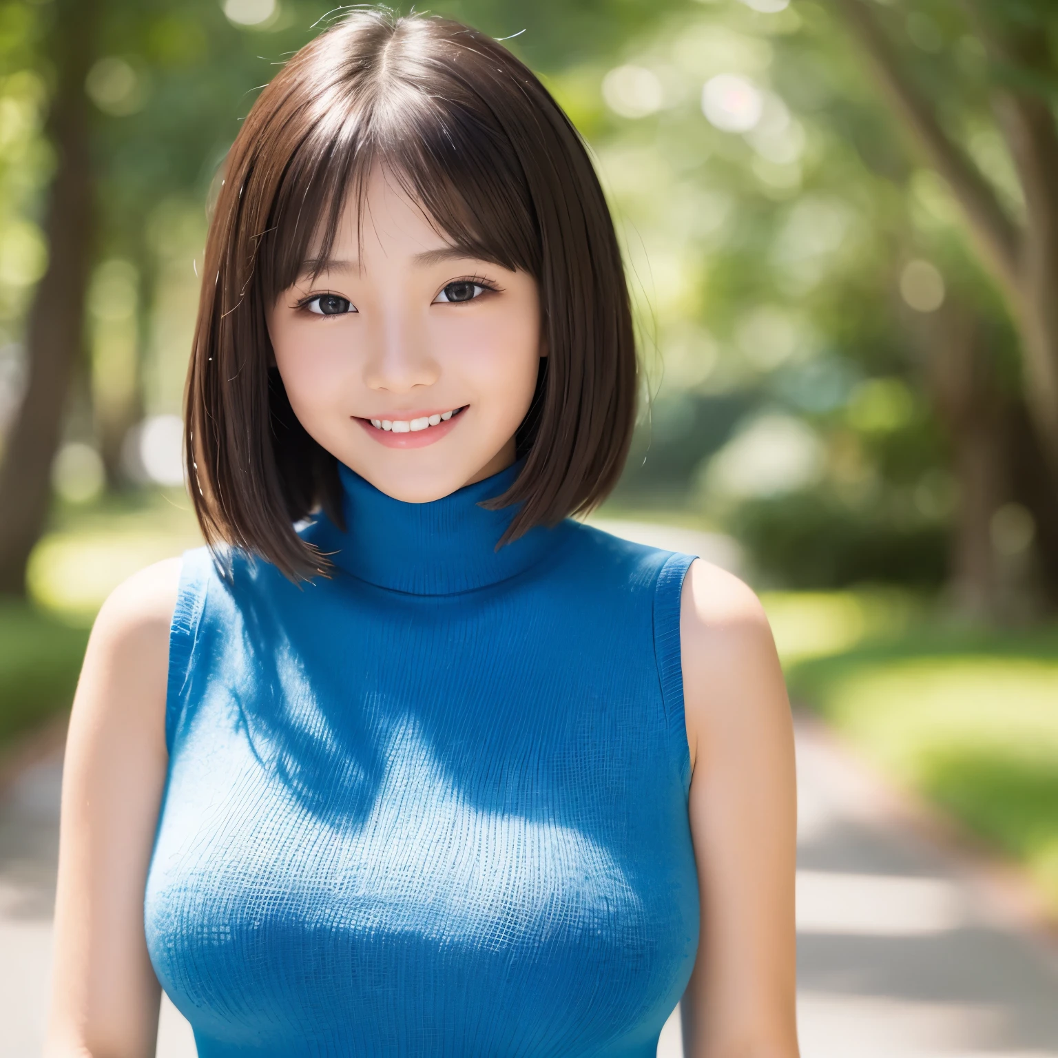 (highest quality、table top、8K、best image quality、Award-winning work)、(one young 10 year old girl:1.5)、(Perfect sleeveless turtleneck knit sweater dress:1.3)、(short hair:1.1)、(very young girl&#39;s face:1.5)、the biggest smile looking at me、(huge breasts:1.7)、perfect fit、(emphasize body line:1.2)、low length、(glamorous body:1.2)、(chubby body type:1.2)、(Beautiful park background with strong blur:1.1)、The most natural and perfect beauty park、A perfectly maintained normal park、stand gracefully、refreshing scenery、natural makeup、Ultra high definition beauty face、(Ultra high definition perfect teeth:1.1)、ultra high definition hair、Super high-definition sparkling eyes、(Super high resolution glossy skin:1.1)、Super high resolution glossy lips、(accurate anatomy:1.1)、(very bright and vivid:1.3)、(Beautiful skin that shines brightly:1.3)