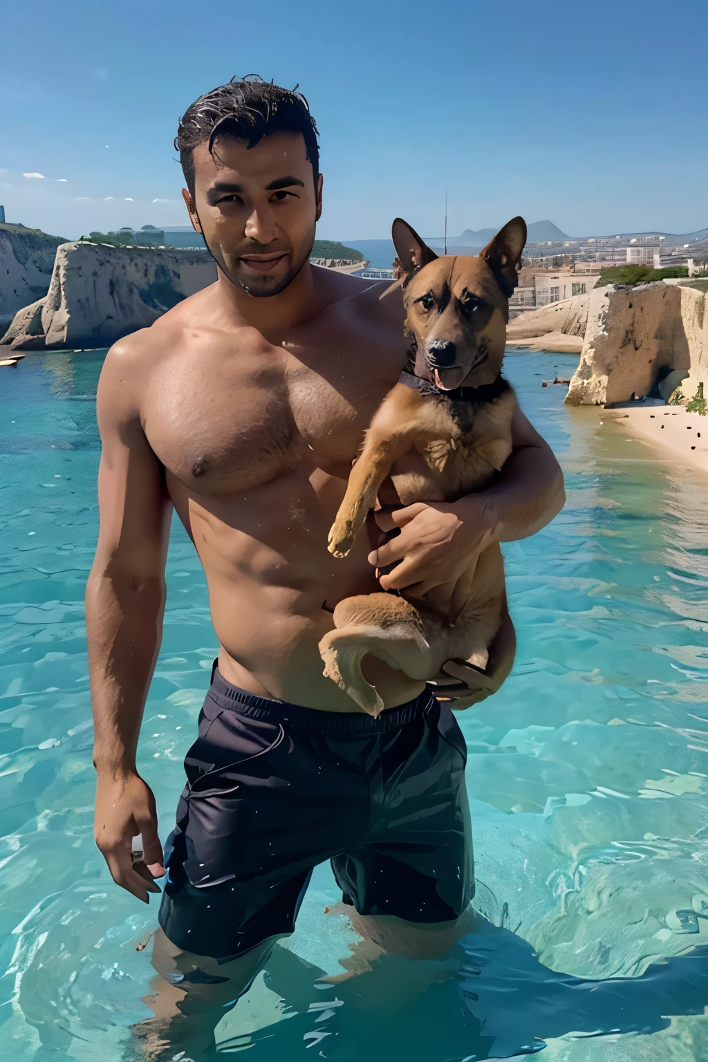 J&#39;would like you to generate an image of&#39;a beautiful sunny day in the Calanques of Marseille d&#39;a brown Mediterranean with a Malinois. On voit la végétation typiquement méditerranéenne et la mer depuis les hauteurs, ainsi que l'île du château d'if au loin