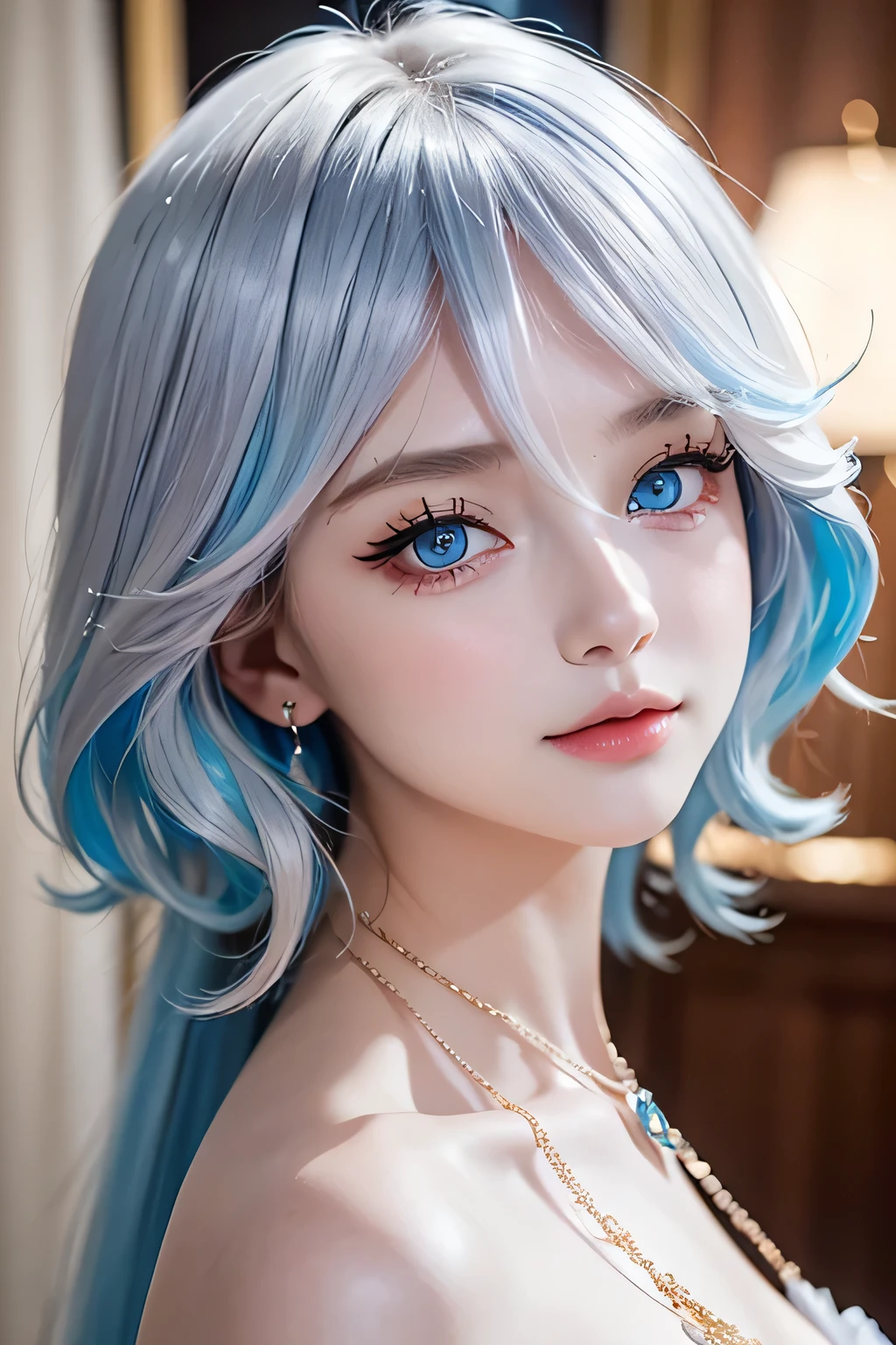 masterpiece, best quality, illustration, Saxophone blue hair, Platinum Earrings, Platinum Necklace, White evening dress, 1 girl, Lovely, (dynamic lighting:1.2), Cinema lighting, Exquisite facial features, Delicate blue eyes, wear glasses(focus),sharp pupils, realistic student, depth of field, Bokeh, sharp focus, (Super detailed, bloom, glow:1.4)
