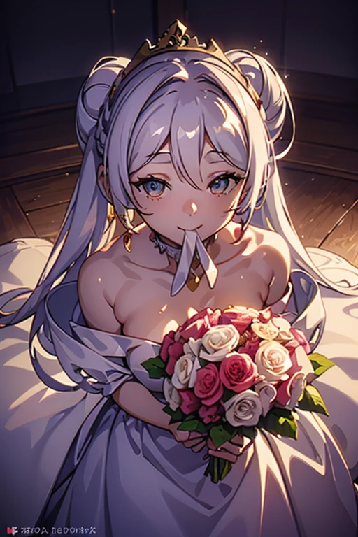 (from above:1.2),(from side:0.9), ((Face)), (Close-Up:0.4), ((looking at viewer, holding a bouquet to his mouth)), highest quality、(real、photorealistic:1.4)、(RAW photo:1.2)、very detailed CG unity 8k wallpaper, delicate and beautiful, wonderful, Fine detail, official art, disorganized, very disorganized, huge file size, Ultra-detailed, very detailed, very detailed girl, very detailedなeyes and face, Bright on the face、(age girl:1.7)、small smile, ,smiling, miorine rembran, ahoge, (white hair:1.25), hair between eyes, hair bun, (long hair:1.25), tiara,,ruanyi0261,off-shoulder dress,pearl \(gemstone\),tiara,veil,wedding dress, wedding necklace, wedding long gloves, (luxurious bouquet), chapel, Stained glass,(best quality, highres, masterpiece:1.2), ultra-detailed, (realistic:1.37) illustration, erotic style, soft lighting, sweat glistening on her body, gentle warmth, dark and mysterious, small breast,narrow waist,(with sparkling eyes and a contagious smile),her thin pubic hair, looking at viewer,
