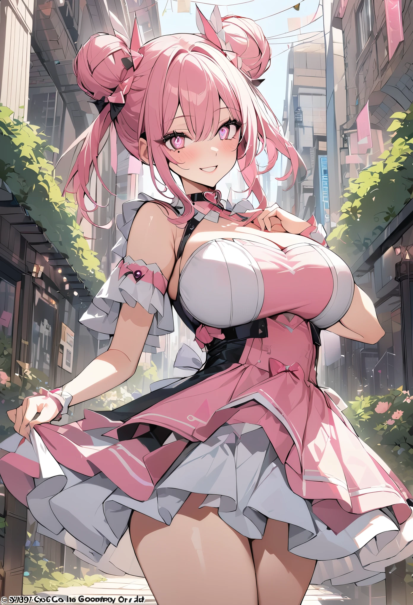 1 girl, pink long bun hair, Symbol-shaped eyes, +_+, big breasts, idol costume, {girl with pink long bun hair named Nami}, (Pink eye color), {downtown}, (smile), bright background , mole under eye, heart shaped choker, (masterpiece, highest quality), very detailed, highest quality, official art, beautiful and aesthetic: 1.2), (1 girl), very detailed, (geometry art: 1.3), colorful, most detailed ?d1 girl, pink long bun hair, Eye of the symbol, +__+, big breasts, gothic costume, {A girl with long pink bun hair named Nami}, (Pink eye color), {downtown}, (smile), bright background, (garden,beautiful flowers々),mole under eye, heart shaped choker, (masterpiece, highest quality), official art, beautiful and aesthetic: 1.2), (1 girl), very detailed, (geometry art: 1.3), colorful