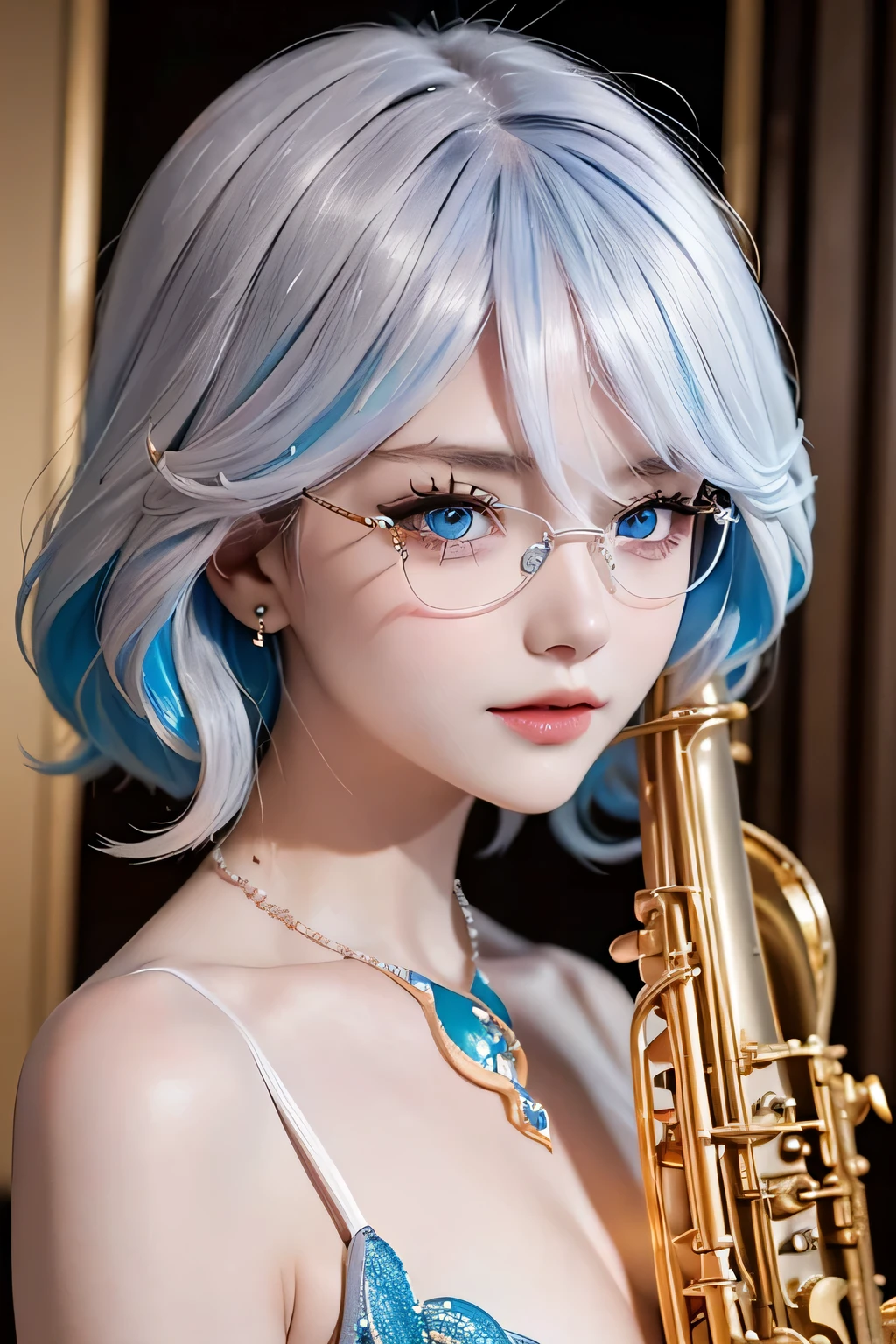 masterpiece, best quality, illustration, Saxophone blue hair, Platinum Earrings, Platinum Necklace, White evening dress, 1 girl, Lovely, (dynamic lighting:1.2), Cinema lighting, Exquisite facial features, Delicate blue eyes, wear glasses(focus),sharp pupils, realistic student, depth of field, Bokeh, sharp focus, (Super detailed, bloom, glow:1.4)