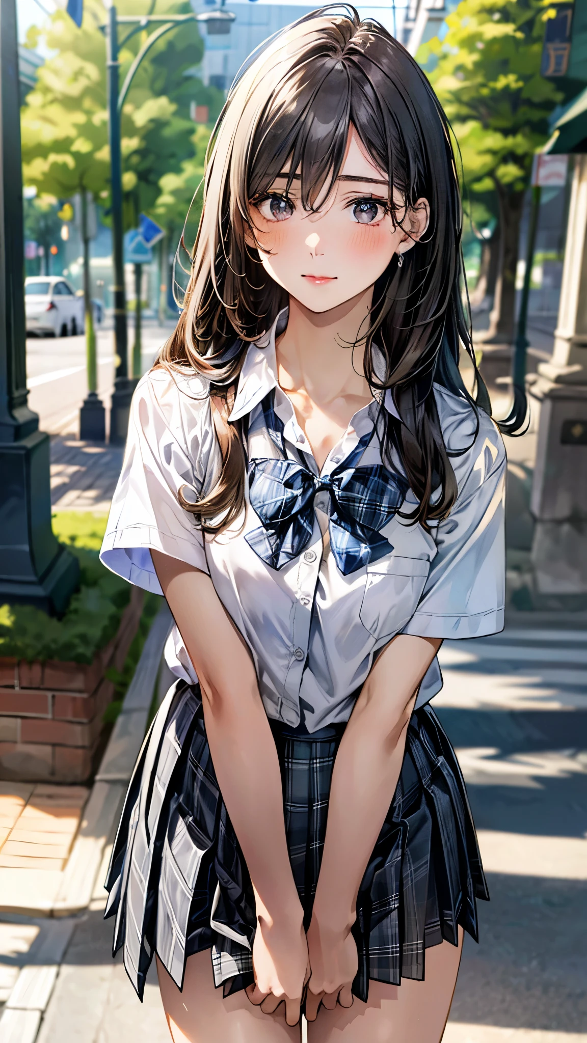 (masterpiece:1.3, top-quality, ultra high res, ultra detailed), (realistic, photorealistic:1.4), beautiful illustration, perfect lighting, natural lighting, colorful, depth of fields, 
looking at viewer, full body, 1 girl, japanese, high school girl, perfect face, (perfect anatomy), cute and symmetrical face, baby face, shiny skin, , 
(long hair:1.5, straight hair:1.5, blown hair), bangs, hair between eyes, black eyes, long eye lasher, (large breasts:0.8), 
beautiful hair, beautiful face, beautiful detailed eyes, beautiful clavicle, beautiful body, beautiful chest, beautiful thigh, beautiful legs, beautiful fingers, 
((collared short sleeve shirt, white shirt, gray plaid pleated skirt, blue plaid bow tie)), white panties, 
(beautiful scenery), day time, (downtown), standing, (lift the skirt, grab the hem of the skirt, put your hand on your chest, hand between legs), blush, 