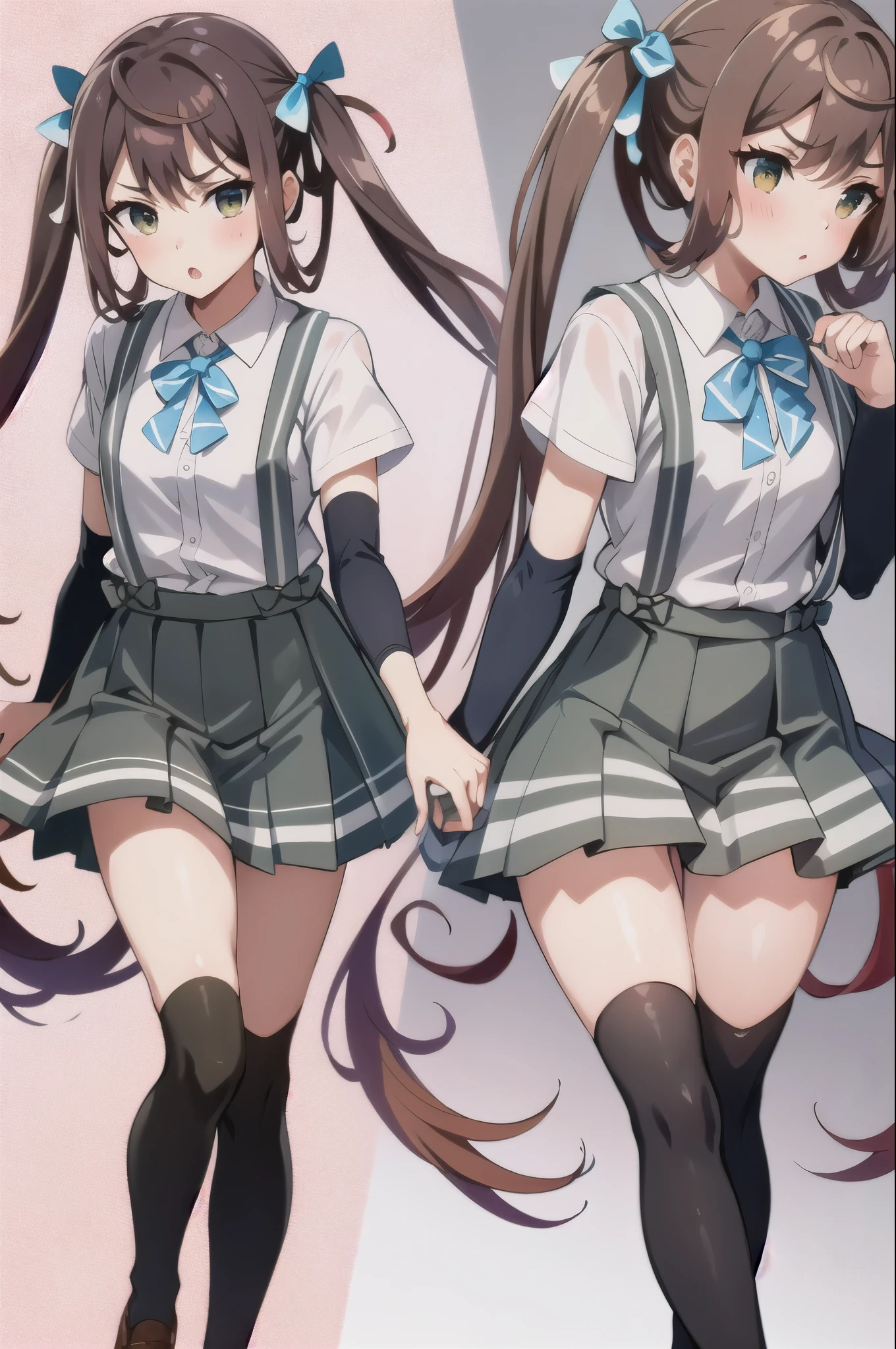 Asagumo KC, (white) shirt, (suspenders) skirt, (hair) ribbon, (pleats) skirt, (gray) skirt, (black) Thighhighs, shoes, twin tails, arm warmers, 1 girl,茶hair