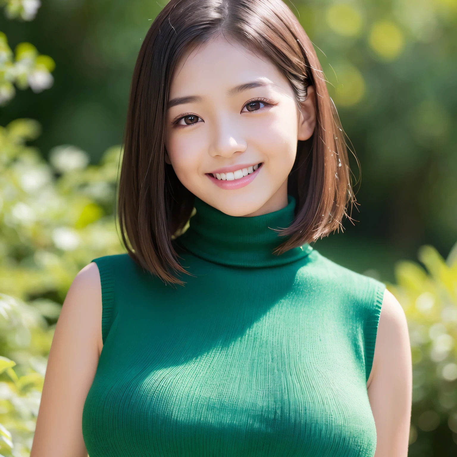 (highest quality、table top、8K、best image quality、Award-winning work)、(one young  girl:1.5)、(Perfect sleeveless turtleneck knit sweater dress:1.3)、(short hair:1.1)、(very young girl&#39;s face:1.5)、the biggest smile looking at me、(huge breasts:1.7)、perfect fit、(emphasize body line:1.2)、low length、(glamorous body:1.2)、(chubby body type:1.2)、(Beautiful park background with strong blur:1.1)、The most natural and perfect beauty park、A perfectly maintained normal park、stand gracefully、refreshing scenery、natural makeup、Ultra high definition beauty face、(Ultra high definition perfect teeth:1.1)、ultra high definition hair、Super high-definition sparkling eyes、(Super high resolution glossy skin:1.1)、Super high resolution glossy lips、(accurate anatomy:1.1)、(very bright and vivid:1.3)、(Beautiful skin that shines brightly:1.3)