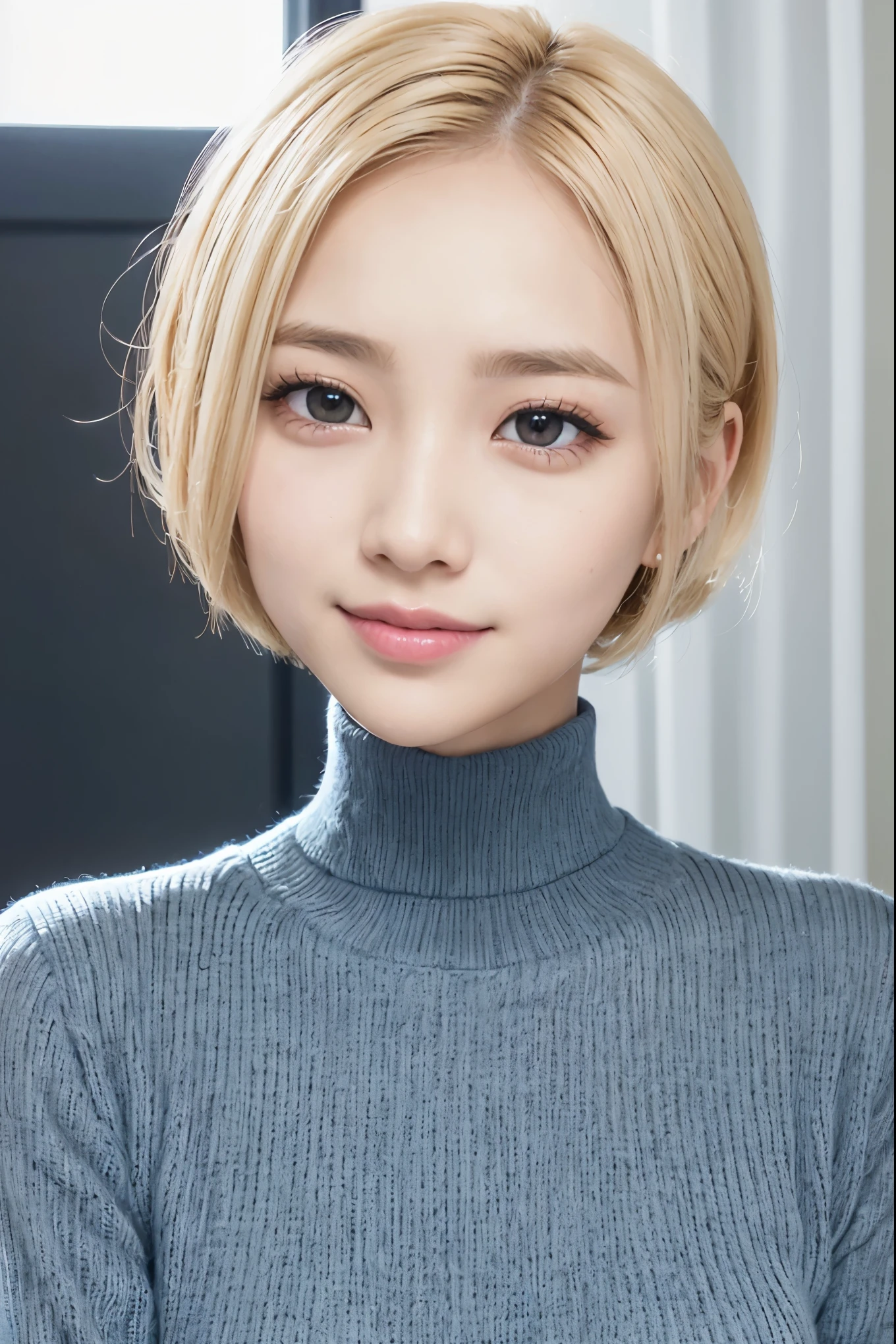 real, masterpiece, highest quality, A photo of a woman smiling happily, beautiful and detailed eyes, long slit eyes, black eyes, thin eyebrows, Make your eyelashes delicate, long eyelashes, false eyelashes, (blonde hair, short hair, middle part:1.3), A little tooth is visible, Dark blue turtleneck sweater