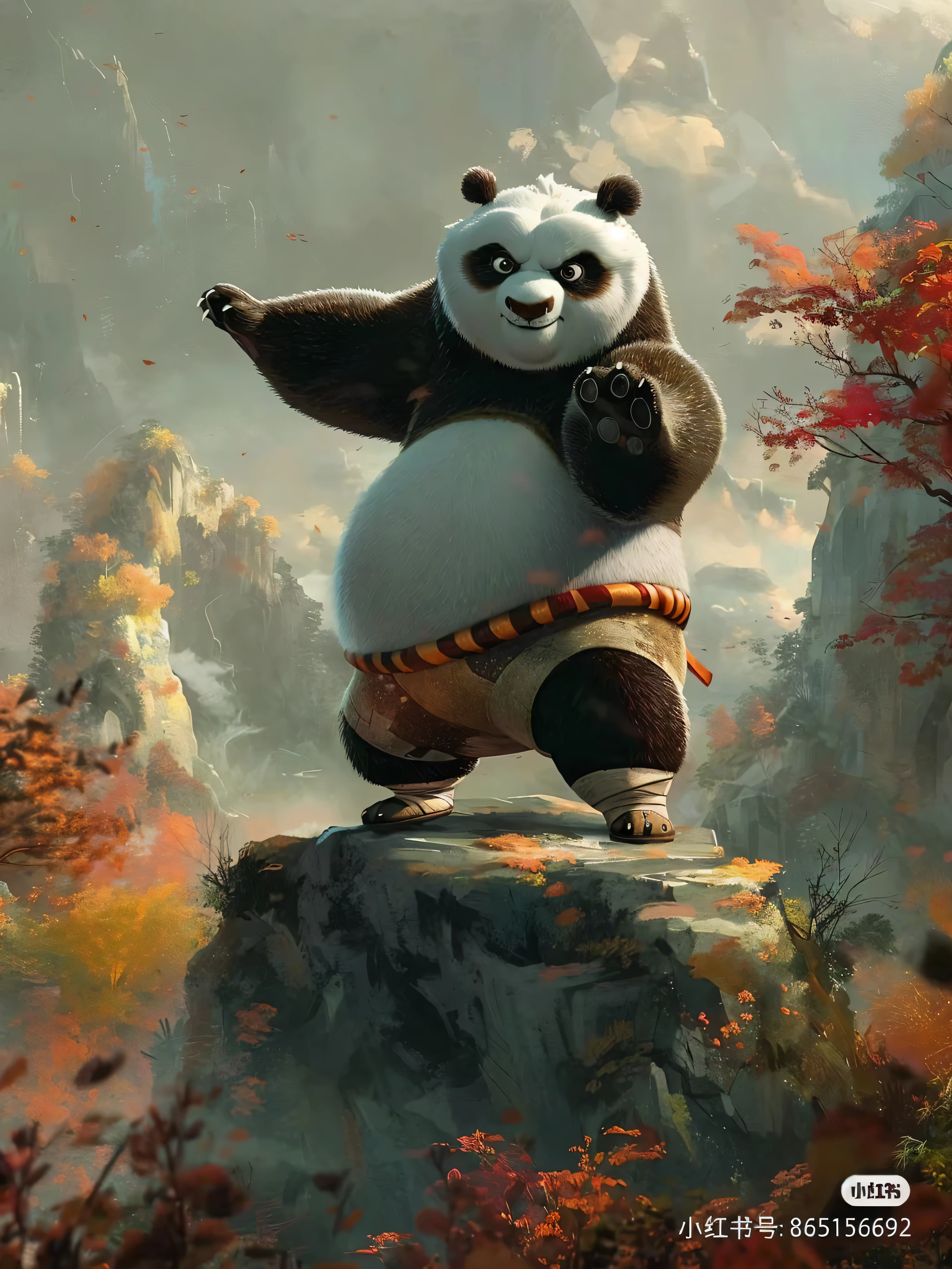 panda standing on a rock with his arms outstretched in the air, kung fu panda, wojtek fus, panda panda panda, panda, inspired by Feng Zhu, dreamworks animation style, 4k art, 8k high quality detailed art, high quality wallpaper, amazing wallpaper, mobile wallpaper, high quality digital painting, cute panda, digital painting highly detailed