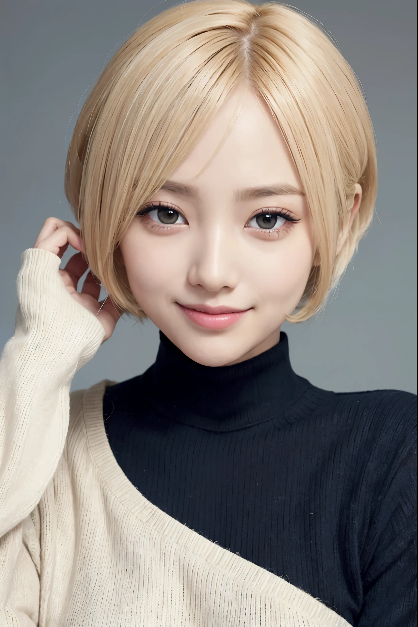 real, masterpiece, highest quality, A photo of a woman smiling happily, beautiful and detailed eyes, long slit eyes, black eyes, thin eyebrows, Make your eyelashes delicate, long eyelashes, false eyelashes, (blonde hair, short hair, middle part:1.3), A little tooth is visible, Dark blue turtleneck sweater