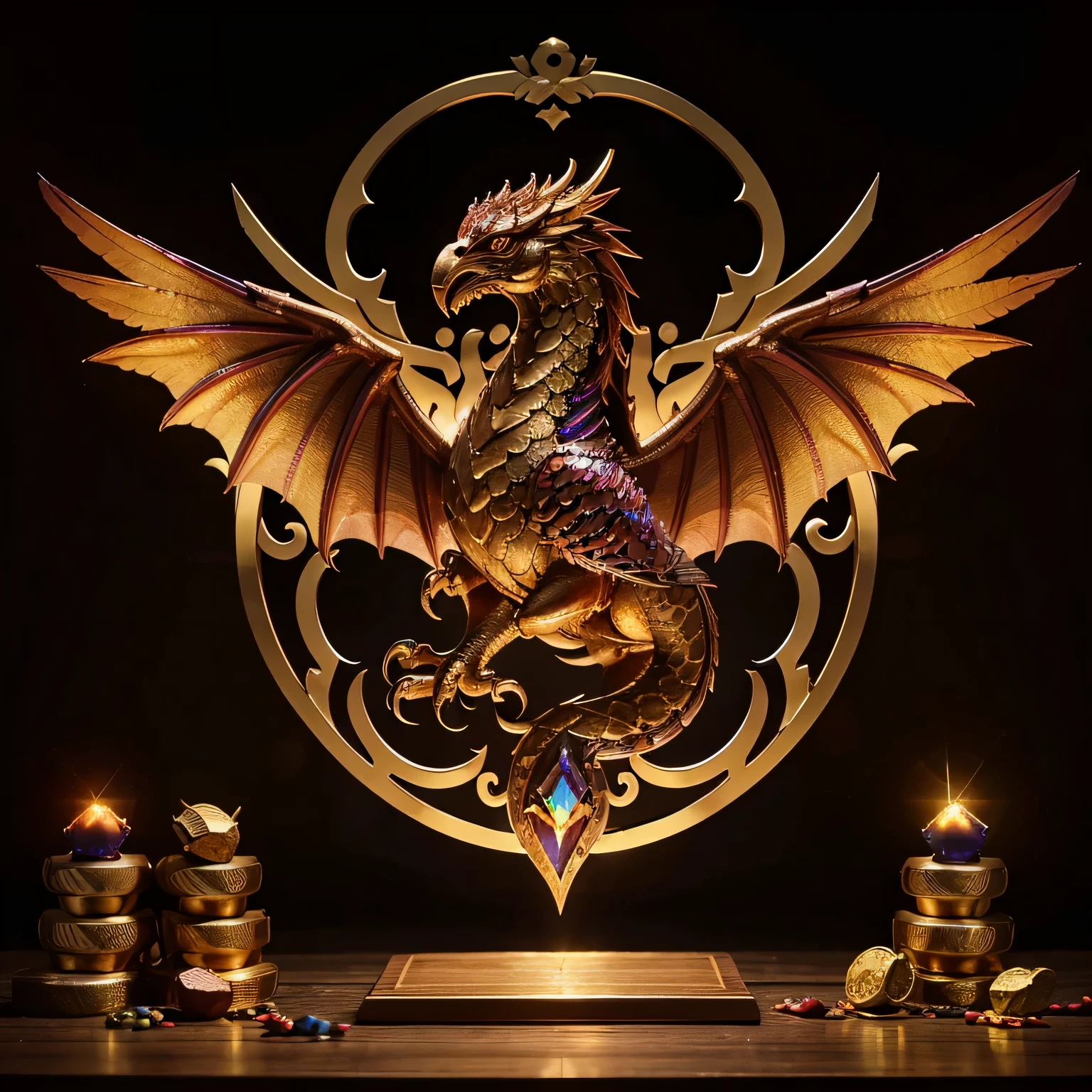 its form a mesmerizing blend of dragon and phoenix. With wings outstretched in a display of strength and grace, the creature's scales shimmer with the iridescence of precious gems, while its feathers blaze with like the hues of a vibrant sunset. Clutched within its talons, a scroll bearing the ancient symbols of wisdom and valor serves as a testament to the lineage it represents, proudly proclaiming the family motto in letters of gold, embodying the spirit of resilience and renewal that courses through its veins