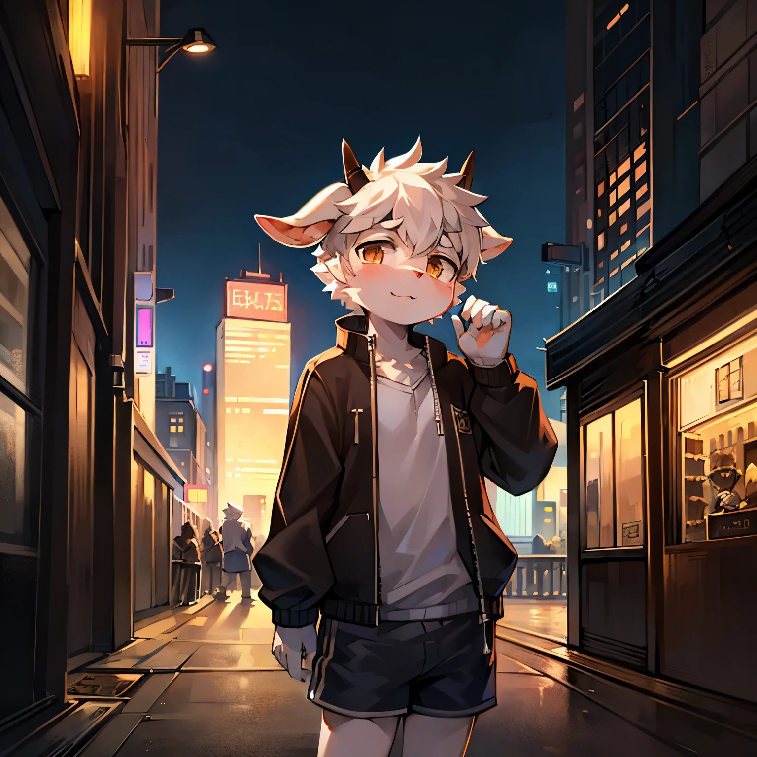 Goat Boy,goat horns,male focus,furry men,Cute appearance,short stature,Characteristics of a -year-boy,St sleeves with jacket,shorts,city bright background