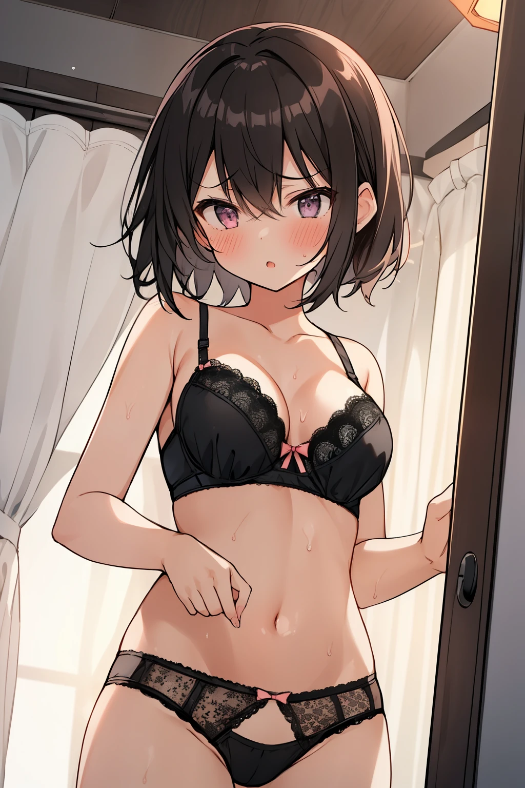 ((( masterpiece, highest quality))), ((girl)),、NSFW、at close range:1.5、from below、、cute、grab your chest、black hair、short hair、low ponytail、(Pink and black lace bra、lace panties/)、、Life、anger、anger look、anger、((close)), ((flushed)),,,Sweat、perfect lighting、perfect composition、Hotel、lamp lighting