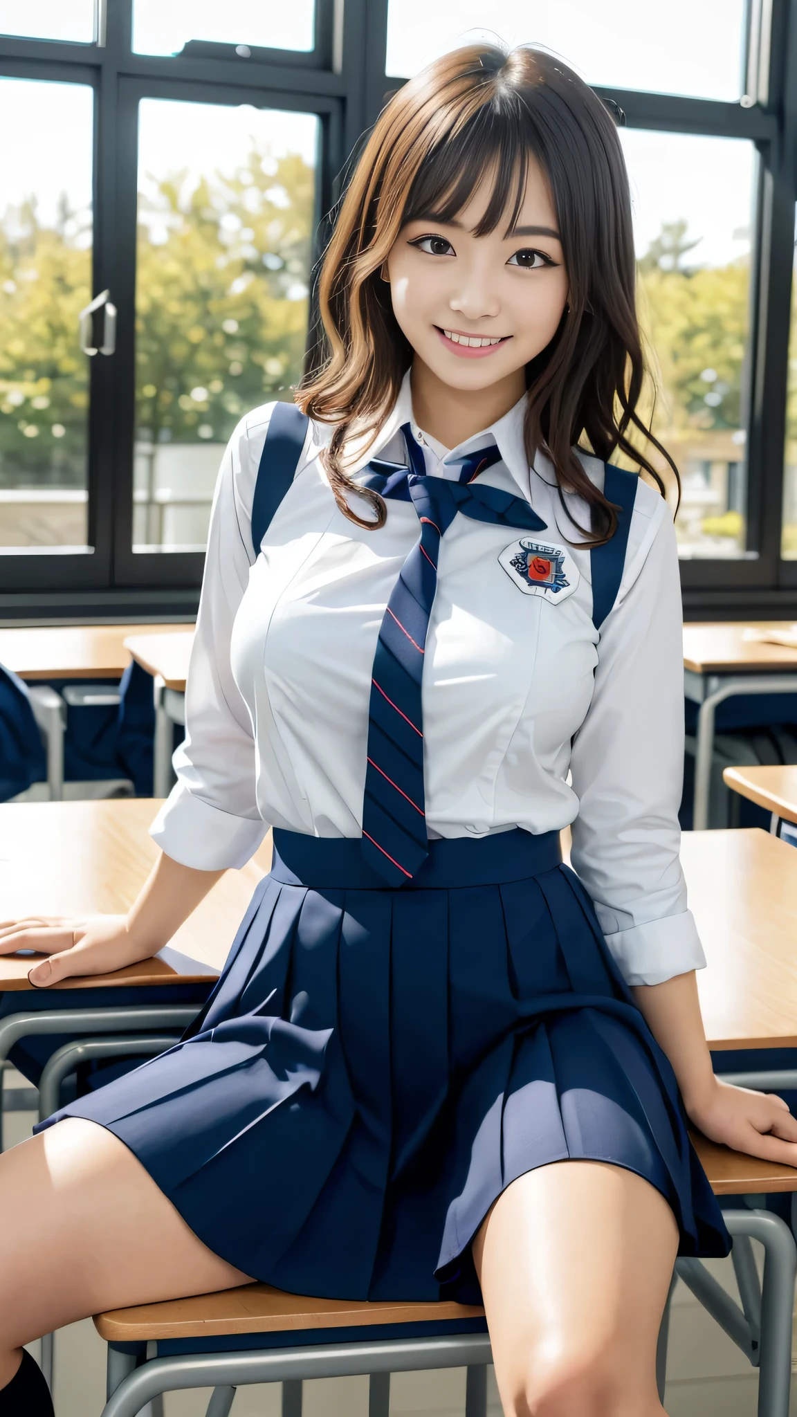 highest quality, japanese girl, 8K, Raw photo, highest quality, 1人の美しいjapanese girl, 18-year-old,japanese idol, gal、curly hair、cute smile、my heart flutters、 outside、cutting of、emphasize、overflowing from the uniform、big breasts, (sitting on the desk:1.1), (school uniform), (spread your legs:1.2),
(school classroom background:1.1)、