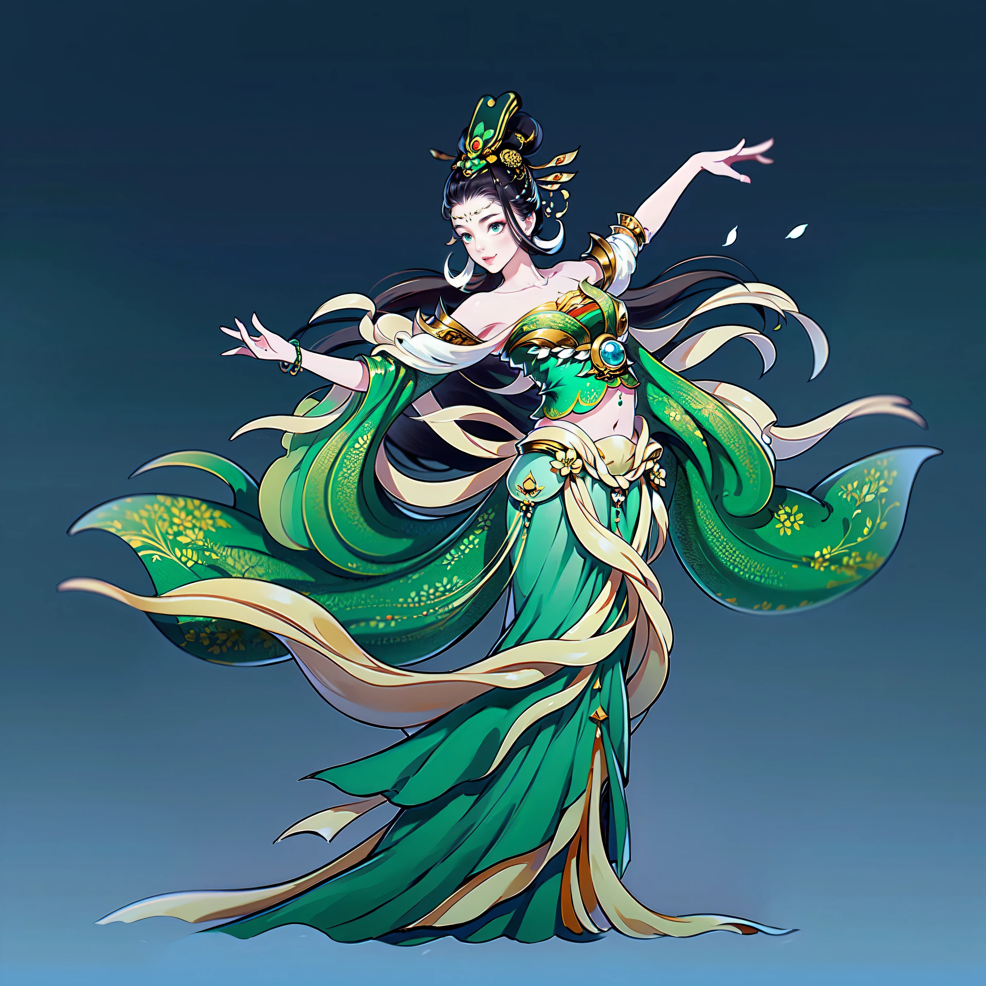 (masterpiece,super detailed,HD details,highly detailed art)1 girl,whole body,barefoot,Feitian,bare shoulders,Show belly,jewelry,xianxia,Gorgeous dance costumes,Peacock,elegant,elegant,Highly detailed character designs from East Asia,Game character costume design,simple,ultra high resolution, sharp focus, epic work, masterpiece, (Very detailed CG unified 8k wallpaper),pretty face,beautiful eyes,HD details