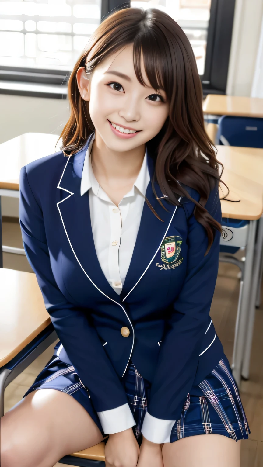 highest quality, japanese girl, 8K, Raw photo, highest quality, 1人の美しいjapanese girl, 18-year-old,japanese idol, gal、curly hair、cute smile、my heart flutters、 outside、cutting of、emphasize、overflowing from the uniform、big breasts, (sitting on the desk:1.1), (school uniform), (spread your legs:1.2),(school classroom background:1.1)、sexy、various poses