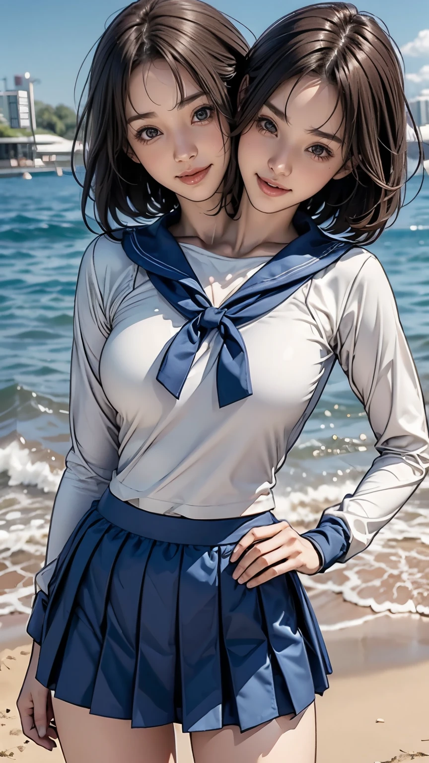 1girl, 18 years old,  couple focus ,    japanese girl ,  (smile:0.7) ,  Upper body, beach volleyball,Please think back, (Never wear a skirt), sailor suit, long sleeve, navy blue bloomers, The fabric of the bloomers is thin, grinning smile, very short hair , (high color saturation:1.0),  (highly detailed skin), (highest quality:1.0), (ultra high resolution:1.0) ,(realistic:1.0), (Super detailed:1.0), (8K, RAW photo:1.1), conjoined_dicephalus, (two heads:1.2)