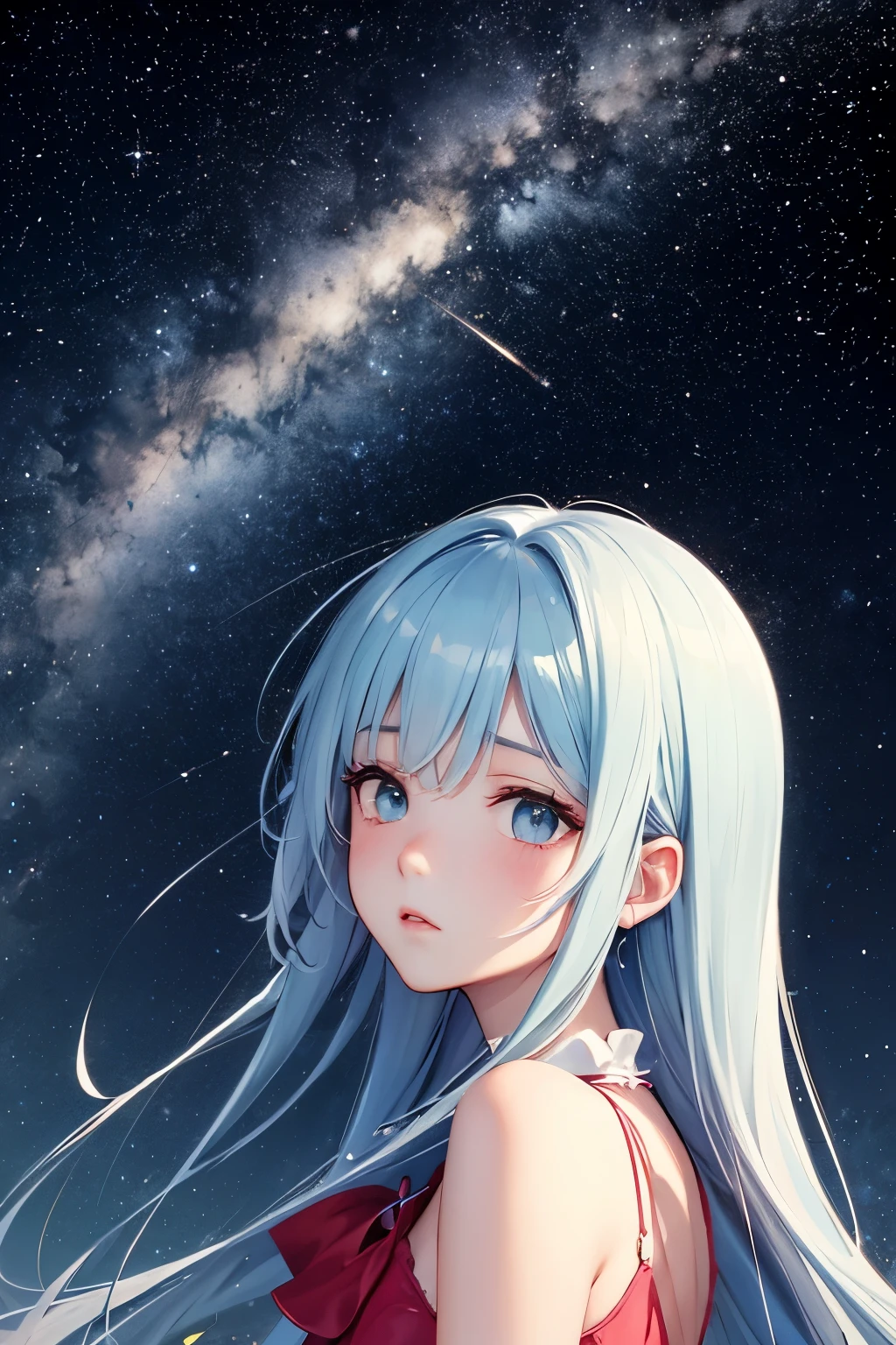 (Close-up of masterpieces in even higher resolution:1.5)0.9], (night sky and shooting stars:1.2) (messy silver hair:1.1) (Having heterochromia and blue eyes, The iris is yellow-green、eyes are yellow:1.2) (colored stars in the eyes:1.0) (synchrotron radiation:1.1) 
