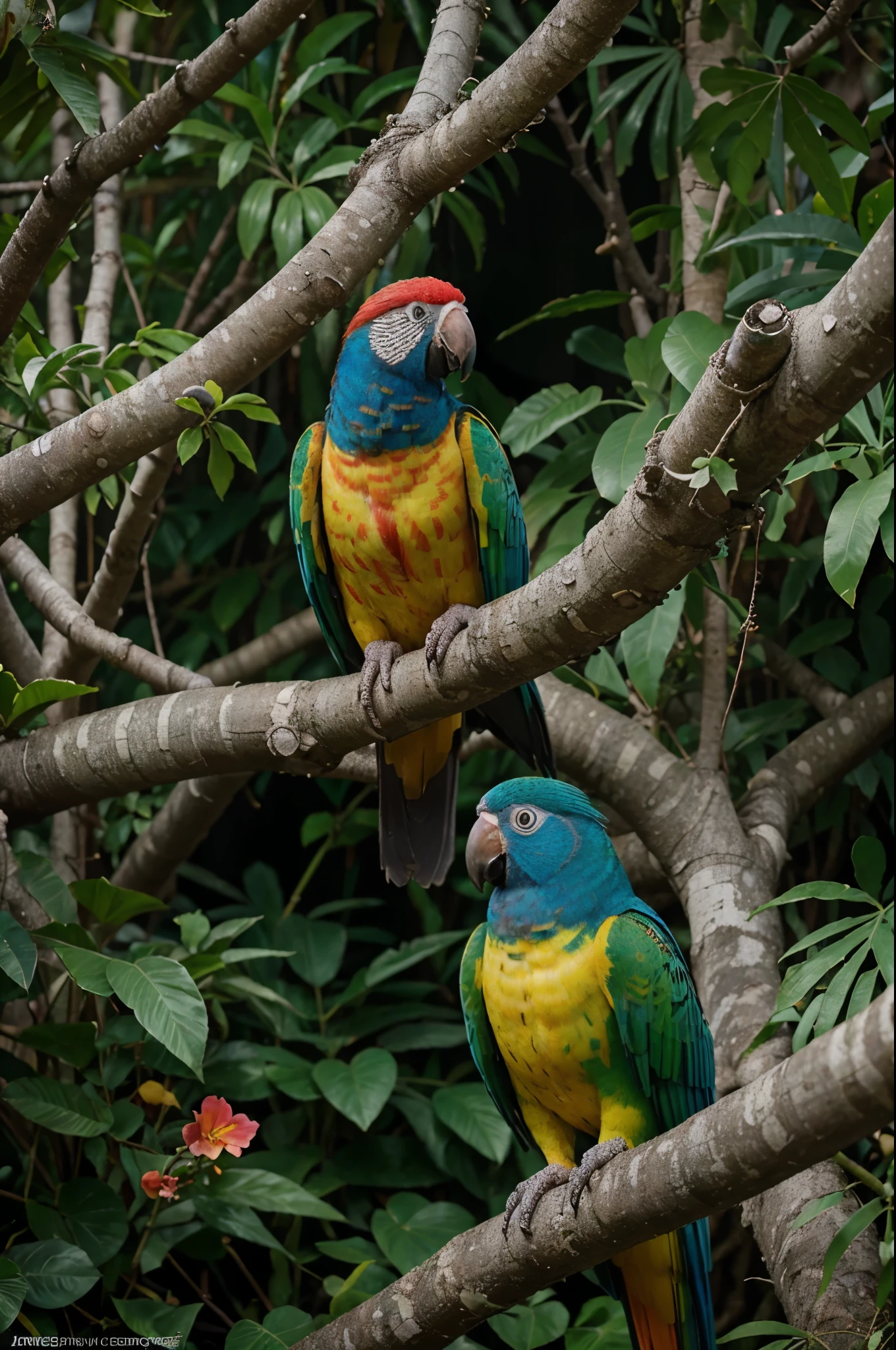 jungle full of parrot, a lot of parrots and flowers, 4 different color parrots, and 2 green parrots. A Sony A7R IV with a 24-70mm f/2.8 GM lens would capture the vibrant ecosystem with its high resolution and dynamic range. Use a diffused flash to illuminate the underbrush, highlighting the diversity of life within. colorful, photorealistic, like a photo, 3D render, 8K, excellent quality