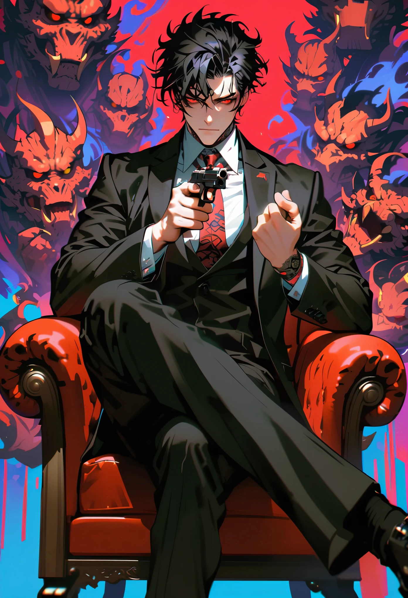 style12,style6,1boy,hand gun,aim for the audience,sitting,black hair,suit,crossed legs,necktie,formal,red eyes,