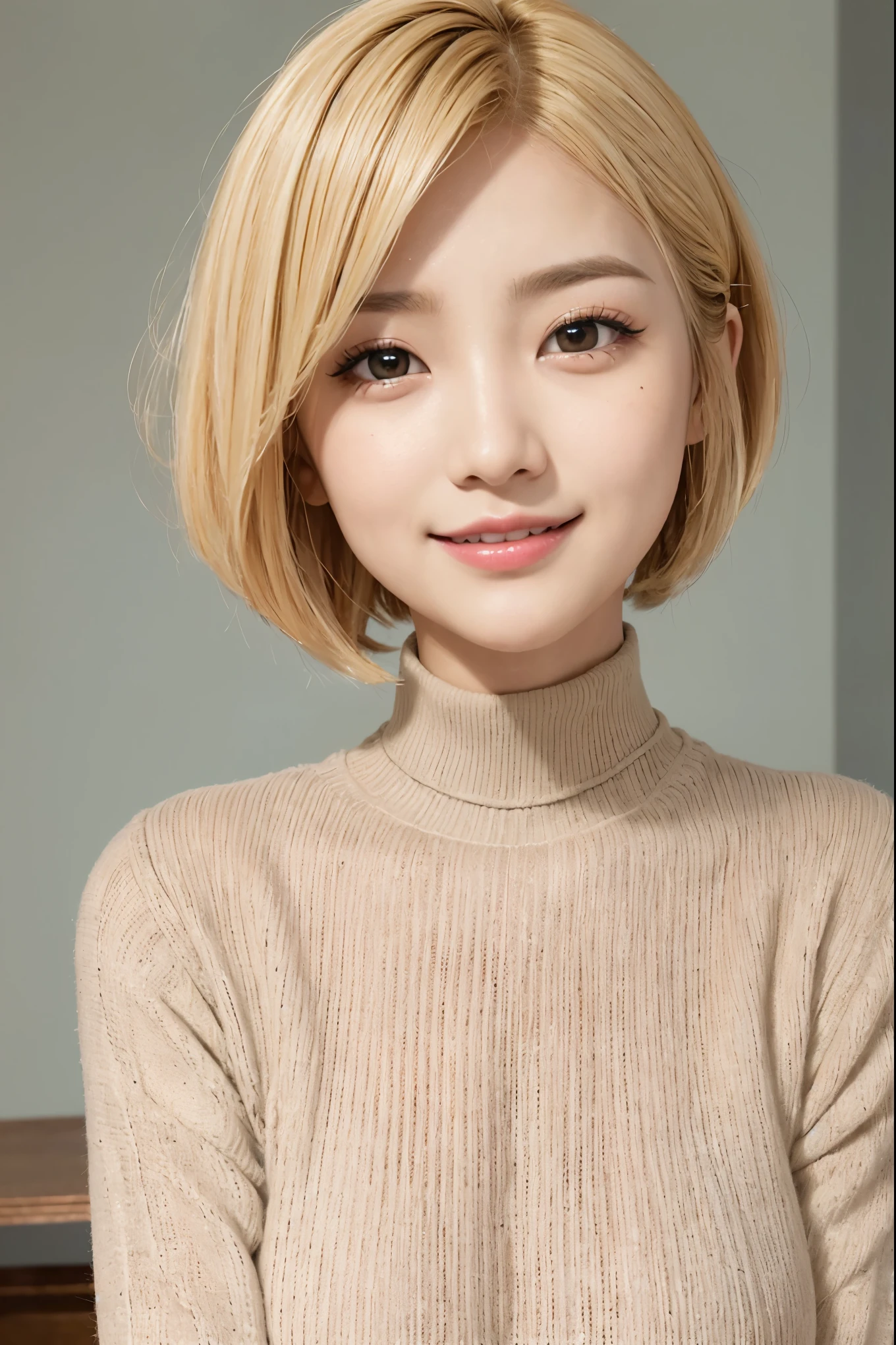 real, masterpiece, highest quality, A photo of a woman smiling happily, beautiful and detailed eyes, long slit eyes, black eyes, thin eyebrows, Make your eyelashes delicate, long eyelashes, false eyelashes, (blonde hair, short hair, middle part:1.3), A little tooth is visible, orange turtleneck sweater