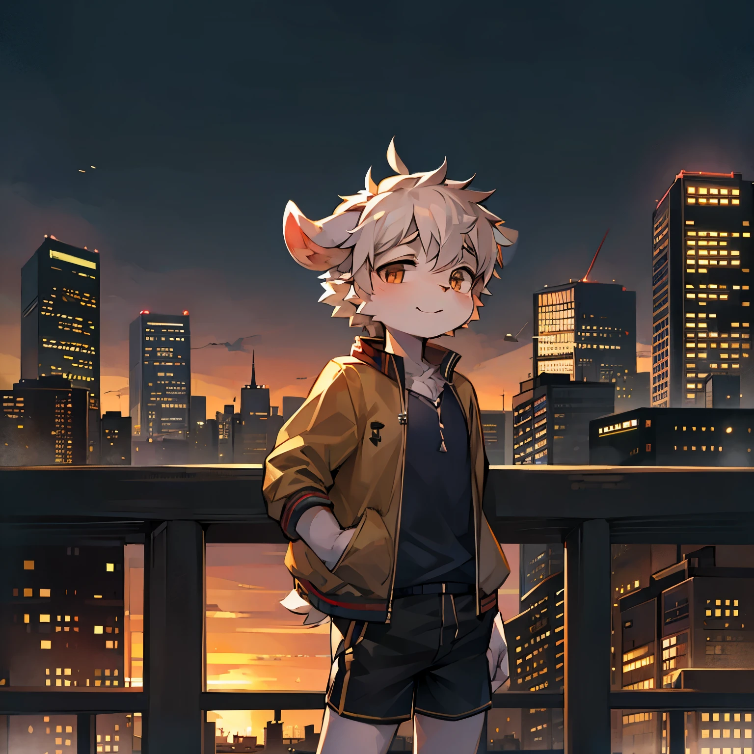 Bright day outside,Goat Boy,goat horns,male focus,furry men,Cute appearance,short stature,Characteristics of a three-year-old boy,Short sleeves with jacket,shorts,city bright background
