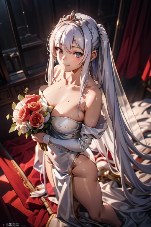 (from above:1.2),(from side:0.9), ((Face)), (Close-Up:0.4), ((looking at viewer, holding a bouquet to his mouth)), highest quality、(real、photorealistic:1.4)、(RAW photo:1.2)、very detailed CG unity 8k wallpaper, delicate and beautiful, wonderful, Fine detail, official art, disorganized, very disorganized, huge file size, Ultra-detailed, very detailed, very detailed girl, very detailedなeyes and face, Bright on the face、(teenage girl:1.7)、small smile, ,smiling, miorine rembran, ahoge, (white hair:1.25), hair between eyes, hair bun, (long hair:1.25), tiara,,ruanyi0261,off-shoulder dress,pearl \(gemstone\),tiara,veil,wedding dress, wedding necklace, wedding long gloves, (luxurious bouquet), chapel, Stained glass,(best quality, highres, masterpiece:1.2), ultra-detailed, (realistic:1.37) illustration, erotic style, soft lighting, sweat glistening on her body, gentle warmth, dark and mysterious, small breast,narrow waist,(with sparkling eyes and a contagious smile),her thin pubic hair, looking at viewer,