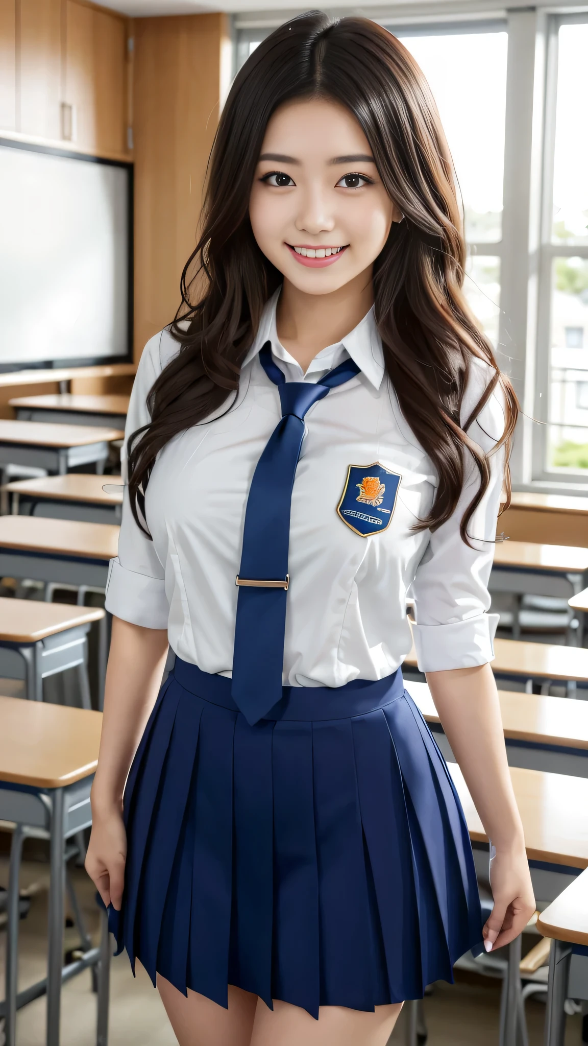 highest quality, japanese girl, 8K, Raw photo, highest quality, 1人の美しいjapanese girl, 18-year-old,japanese idol, gal、curly hair、cute smile、my heart flutters、 outside、cutting of、emphasize、overflowing from the uniform、big breasts, , (school uniform),Are standing,(school classroom background:1.1)、sexy、various poses