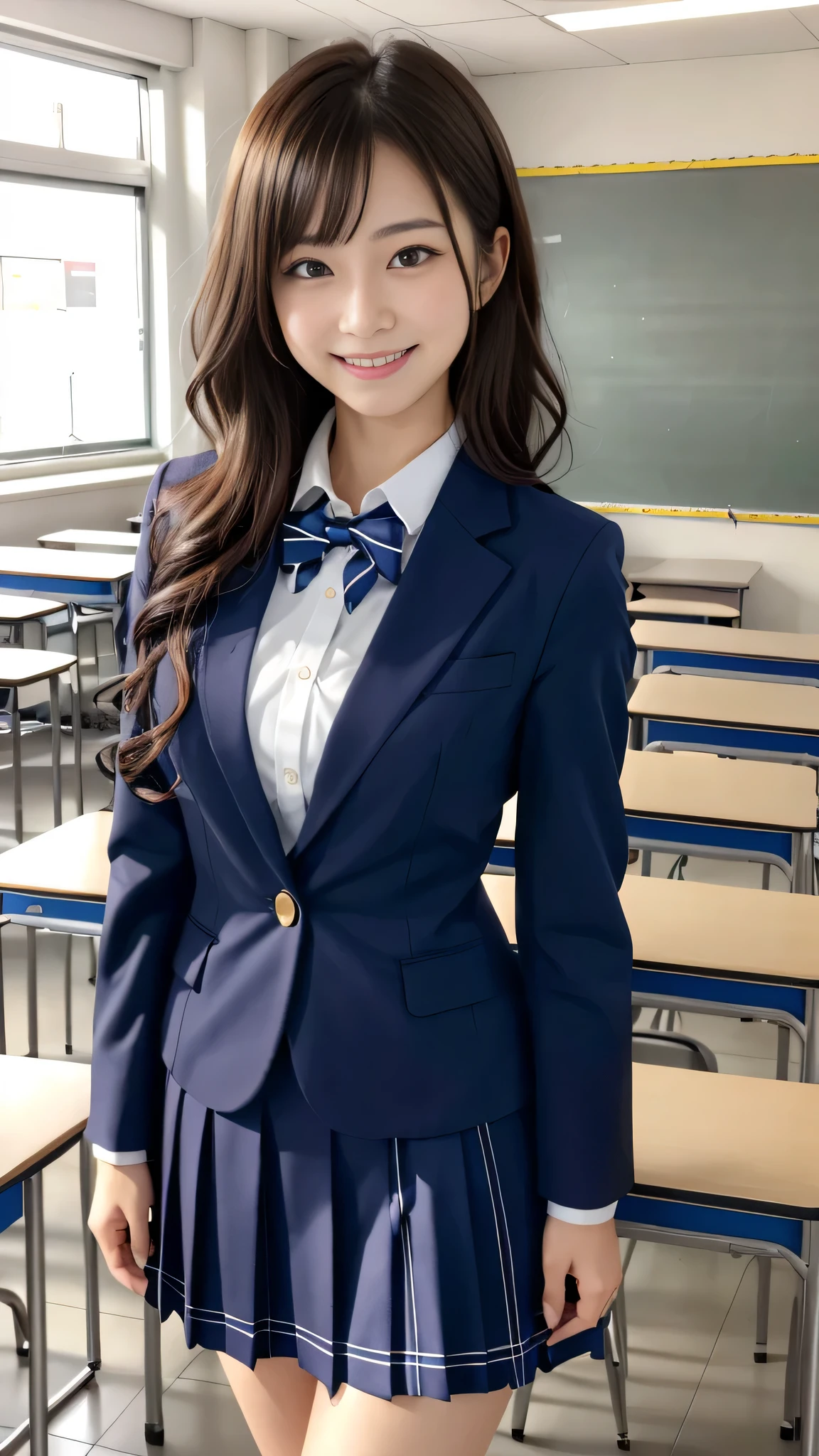 highest quality, japanese girl, 8K, Raw photo, highest quality, 1人の美しいjapanese girl, 18-year-old,japanese idol, gal、curly hair、cute smile、my heart flutters、 outside、cutting of、emphasize、overflowing from the uniform、big breasts, , (school uniform),Are standing,(school classroom background:1.1)、sexy、various poses