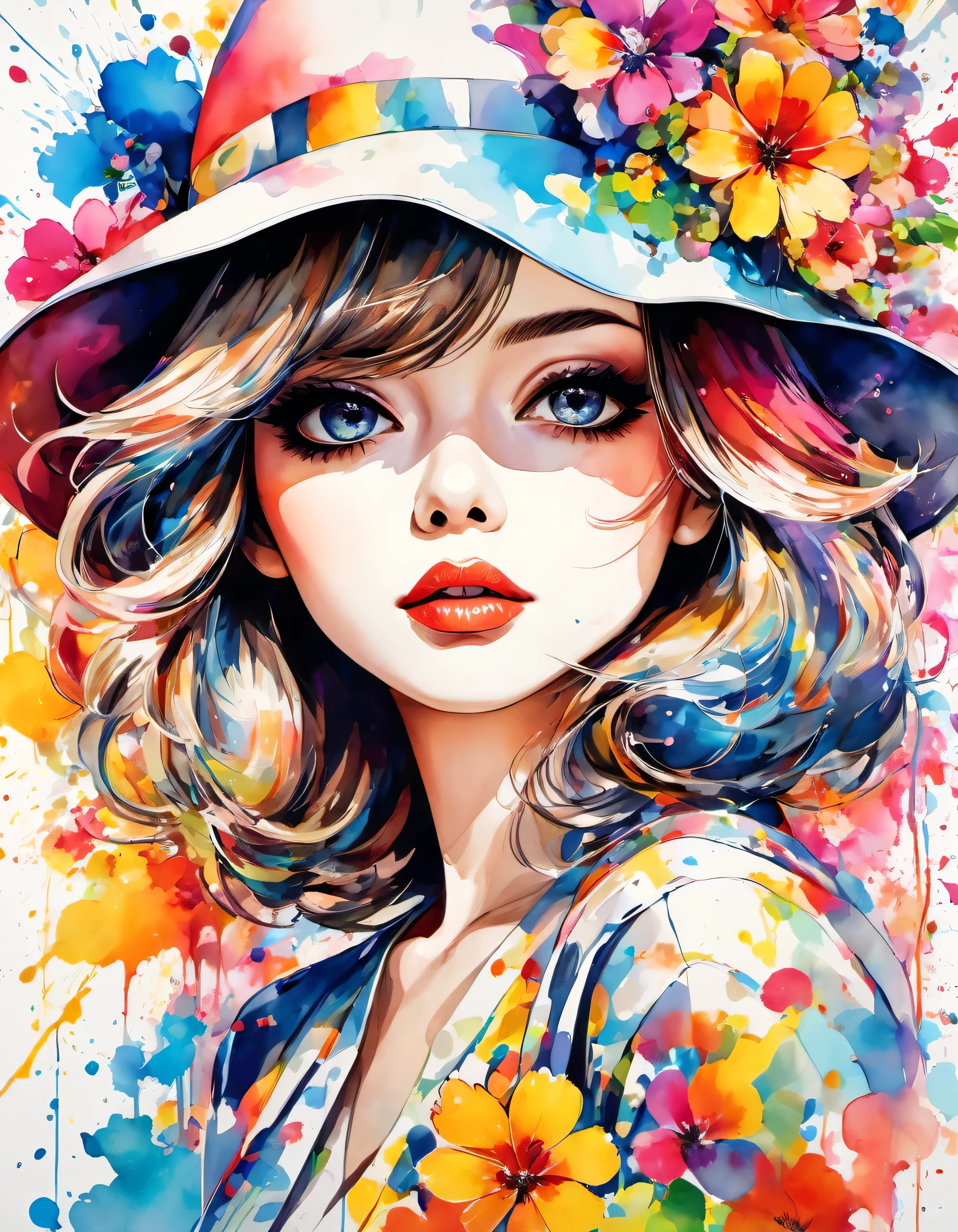 beautiful woman portrait, Sylvia Pelissero watercolors, colorful flowers、beautiful eyes、 abstract art, intense watercolor, watercolor detailed art, watercolor splash, surreal, avant-garde pop art, Beautiful and expressive paintings, Beautiful artwork illustration, very colorful tones, wonderful, cool beauty, highest quality,official art, women only, sharp outline, best shot, vector art, lips in love、Fashionable hats、Stylish sunglasses、 (((The strongest beautiful girl of all time))), (((Japanese)))、Idol、clear, Fashionable hats, (((highest quality))), bob hair, lips in love, HDR, ((Detailed details)), stylish fashion, detailed clothing texture, (((graffiti art))), colorful hair, ((masterpiece))、((Super detailed))