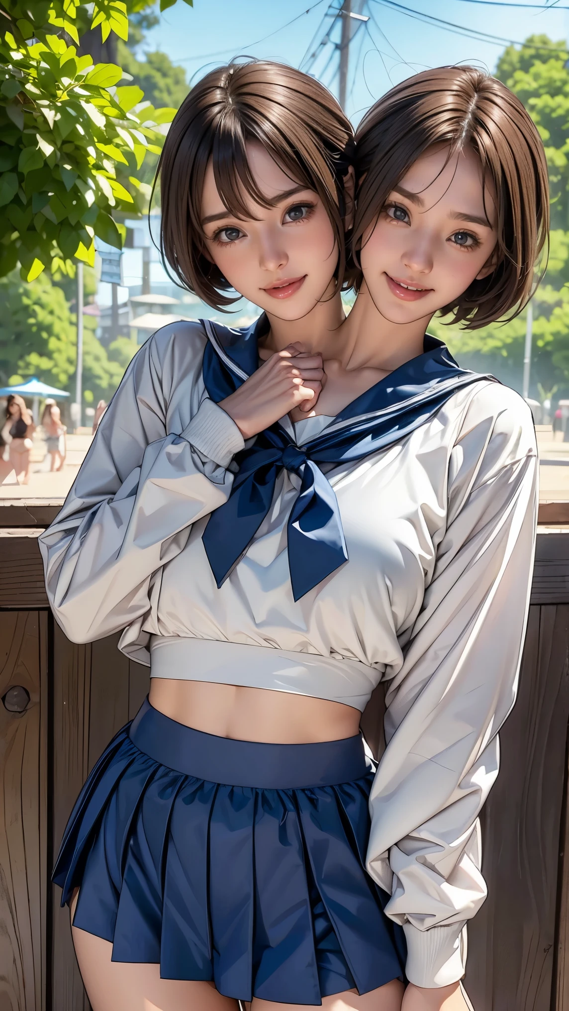 1girl, 18 years old,  couple focus ,    japanese girl ,  (smile:0.7) ,  Upper body, beach volleyball,Please think back, (Never wear a skirt), sailor suit, long sleeve, navy blue bloomers, The fabric of the bloomers is thin, grinning smile, very short hair , (high color saturation:1.0),  (highly detailed skin), (highest quality:1.0), (ultra high resolution:1.0) ,(realistic:1.0), (Super detailed:1.0), (8K, RAW photo:1.1), conjoined_dicephalus, (two heads:1.2)