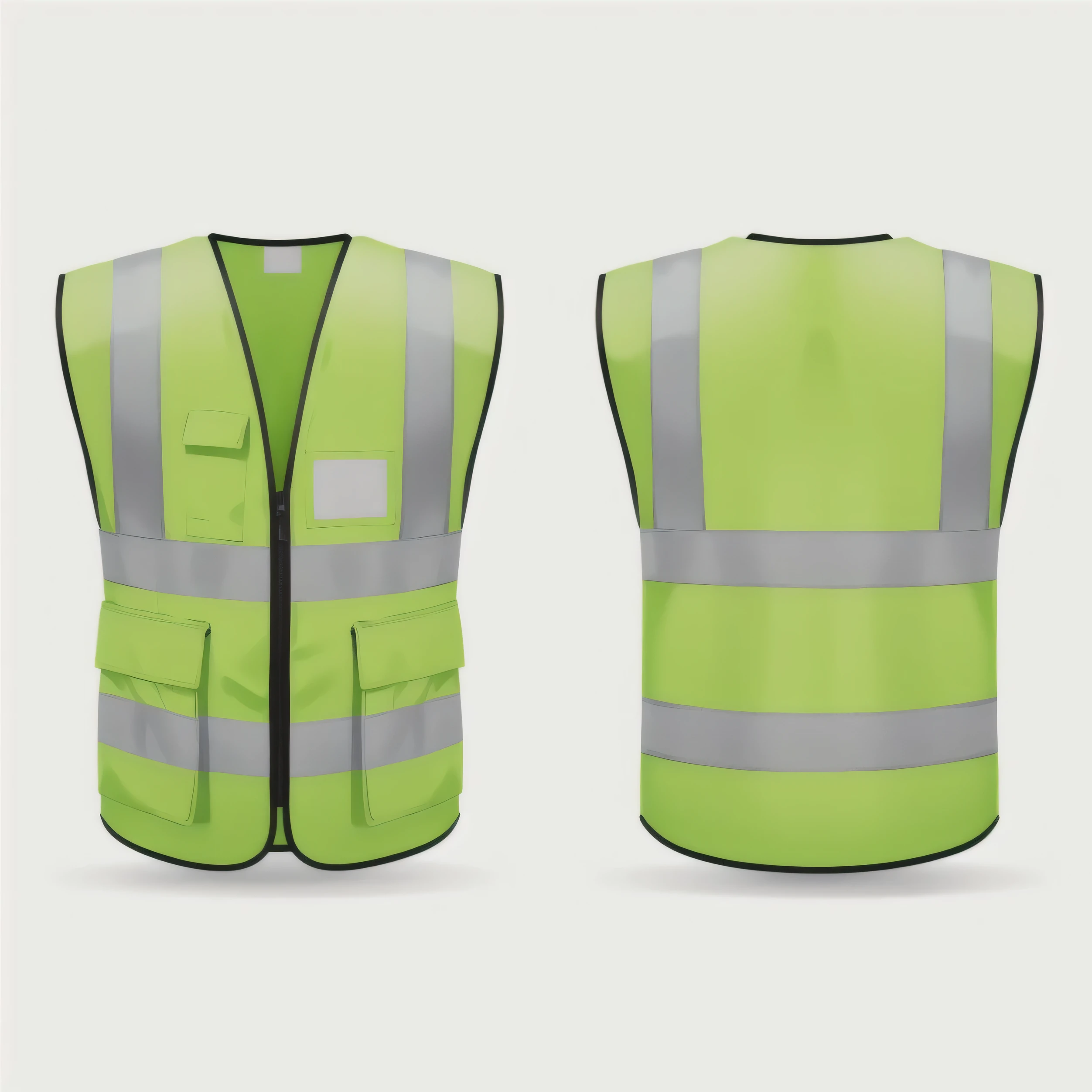 a close up of a yellow safety vest with reflective stripes, reflective vest, hivis, orange safety vest, wearing hi vis clothing, working clothes, vest, with two front pockets, highly detailed illustration.”, wearing a vest, front and back view, technical vest, vests, detailed illustration, worksafe. illustration, safe for work, highly detailed illustration, reflective material