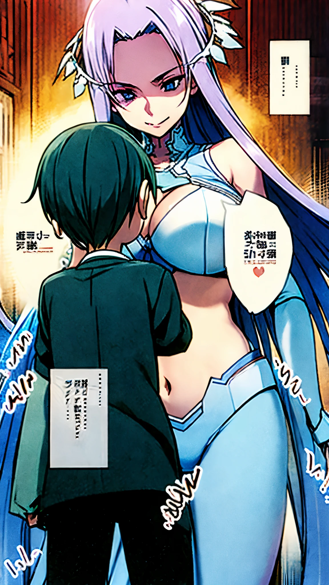 ((masterpiece)), ((best quality)), ((perfect eyes)), ((perfect skin)), female against boy, female like goddess, female like mommy, female is more taller than boy, boy is so skinny and short, female is curvy and tall, female has big breasts, female exposes belly, boy is looking at female's belly button, boy is frightened by female, female is looking at boy, female is smiling, boy is afraid of female, female is holding boy's head, female is pressing her belly to boy's head forcibly, female is tempting, female is more stronger than boy, boy is so weak