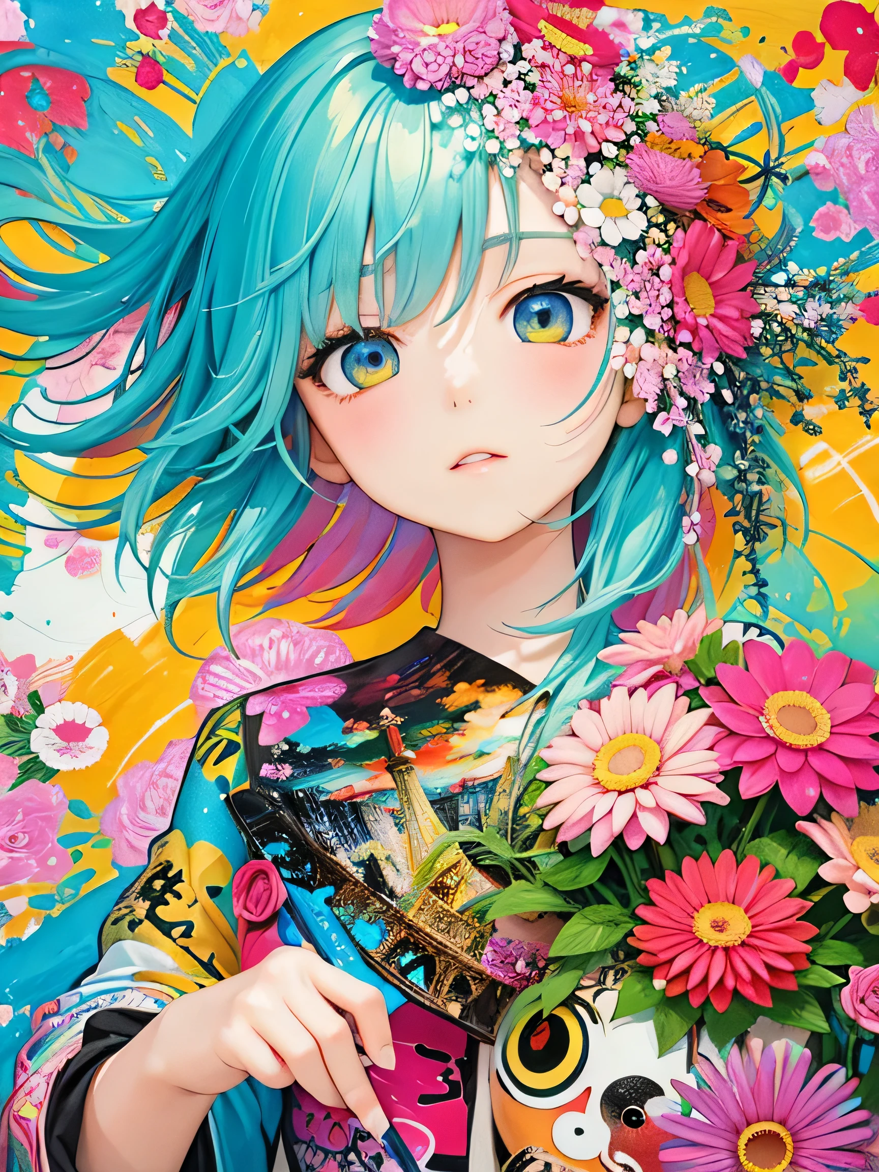 8K quality, Takashi murakami'illustration of, intense watercolor, watercolor detailed art, watercolor splash, surreal, avant-garde pop art, Beautiful and expressive paintings, 美しいアートワークillustration of, very colorful tones, wonderful, cool beauty, highest quality,official art, vector art,stylish design, ((most beautiful girl ever))), (((highest quality))), HDR, ((Detailed details)), (((graffiti art))), ((masterpiece))、((Super detailed))、(((colorful flowers)))、(((Paris cityscape)))