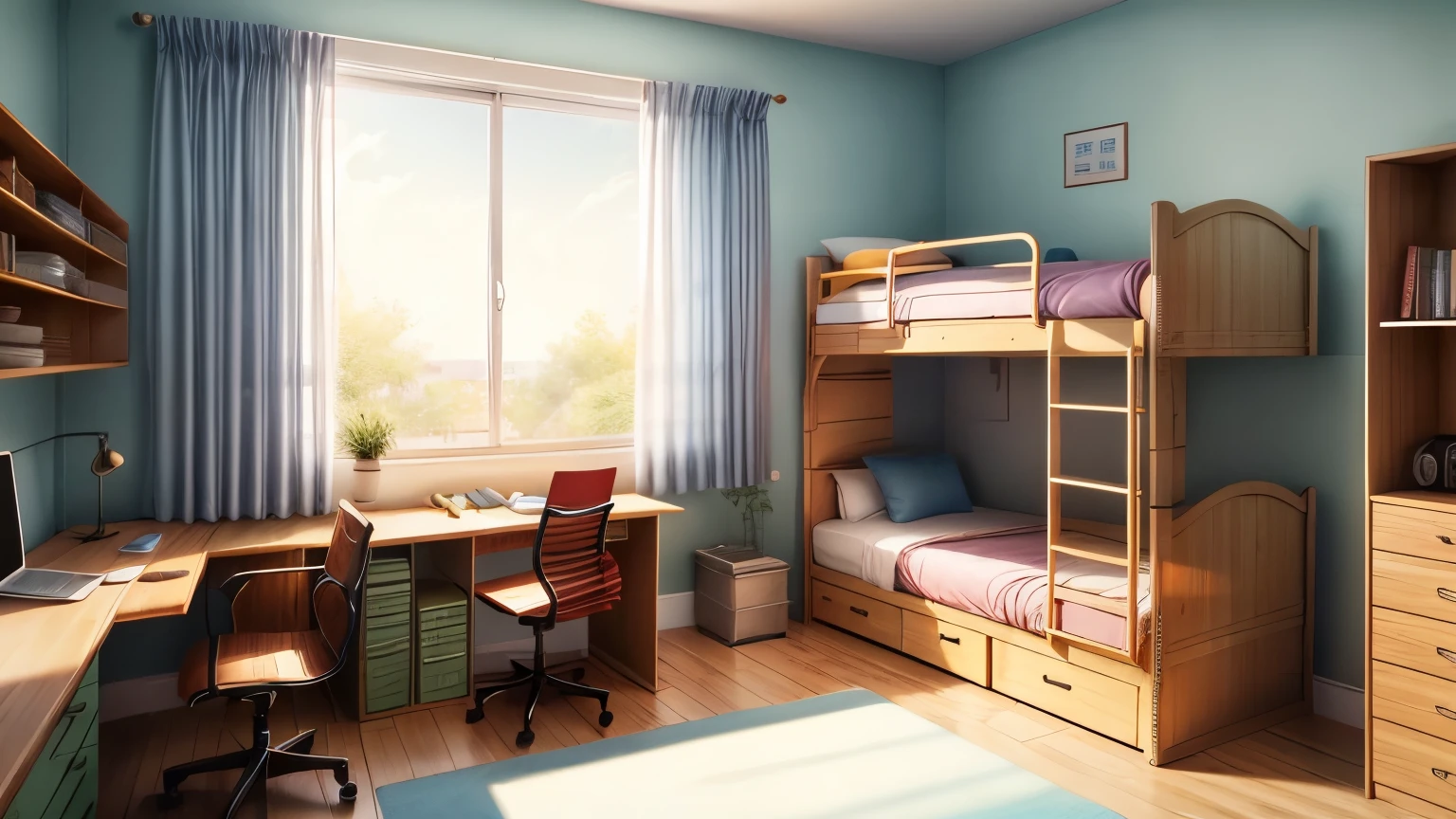 There is an office in the middle, There is a table and a wardrobe in the background, Vibrant white, Window with simple beige curtains, No dormitory,Bunk bed